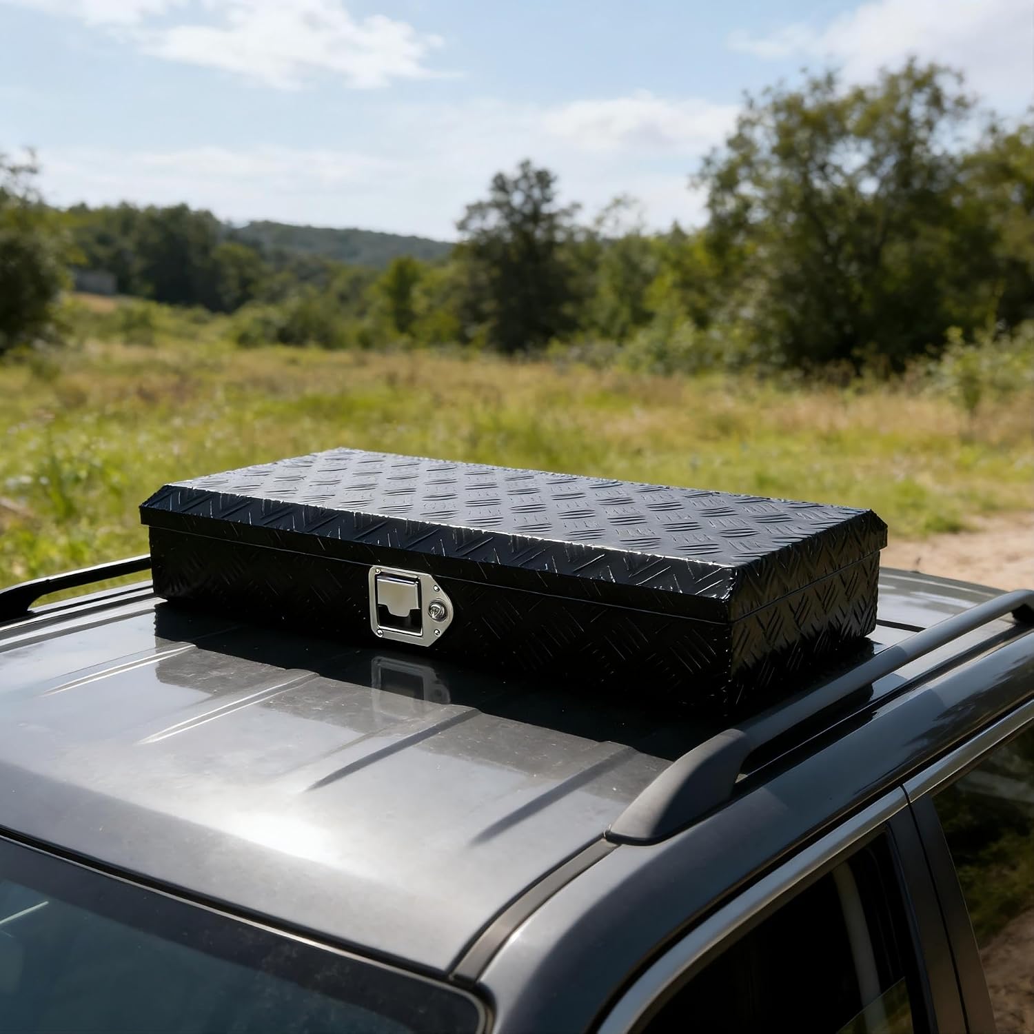 LucaSng 34.5" Aluminum Stripes Plated Truck Tool Box, 34.5×12.8×6.4 Inch Waterproof Square Storage Organizer with Lock and Keys for Truck, Trailer, Pickup, ATV, RV