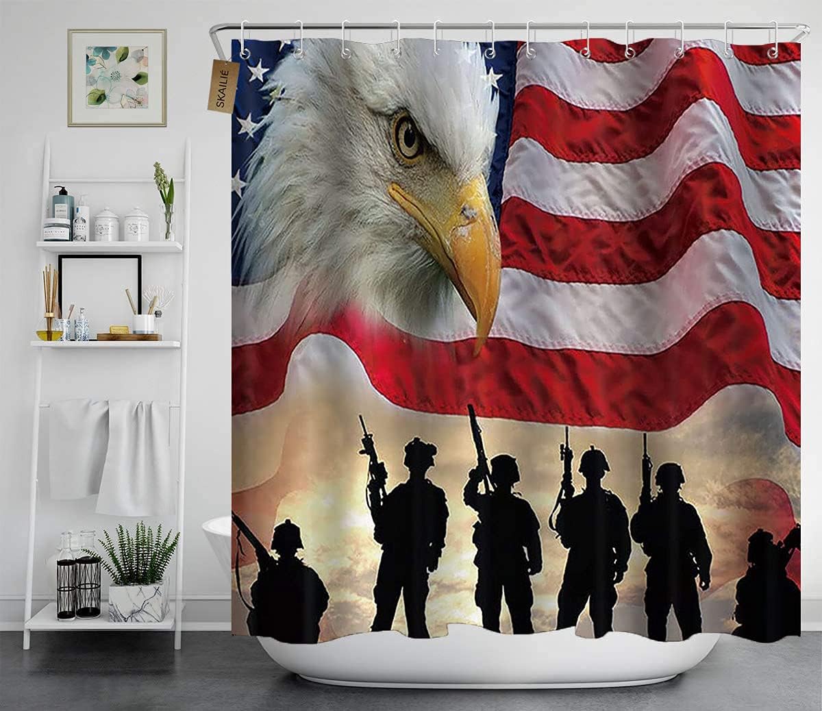 4PCS Bald Eagle USA Flag Shower Curtain Set, Majestic Bird American Soldiers Silhouettes Independence Day Cool Bathroom Decor for Army Men, Non-Slip Bath Rugs Toilet Mats, Soldier with Rifle