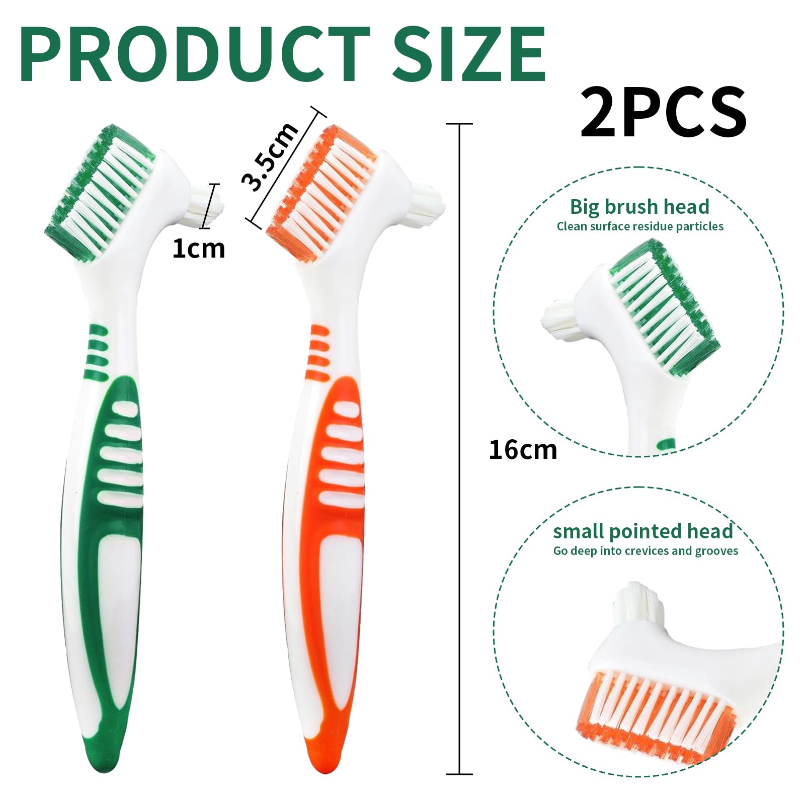 Tacino 2 sztuki protez protezowych, do protez, pomarańczowych i zielonych protez, dwukońcowe szczoteczki do zębów, gumowy uchwyt, ergonomiczna szczoteczka do zębów