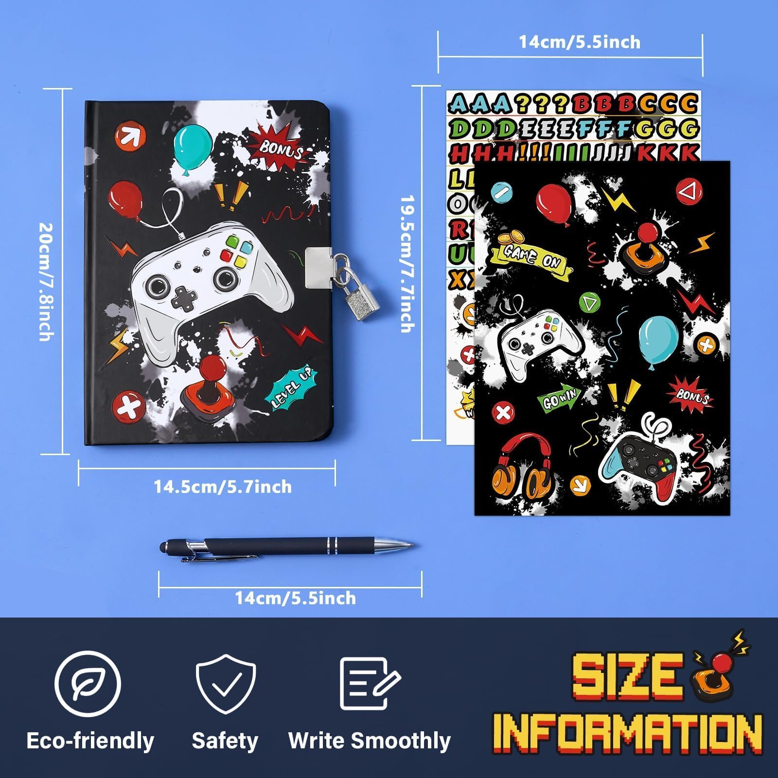 WERNNSAI Kit journal de jeu garçons - Journal lumineux enfants cadenas clés stylo autocollants carnet écriture ligné A5 jeux vidéo
