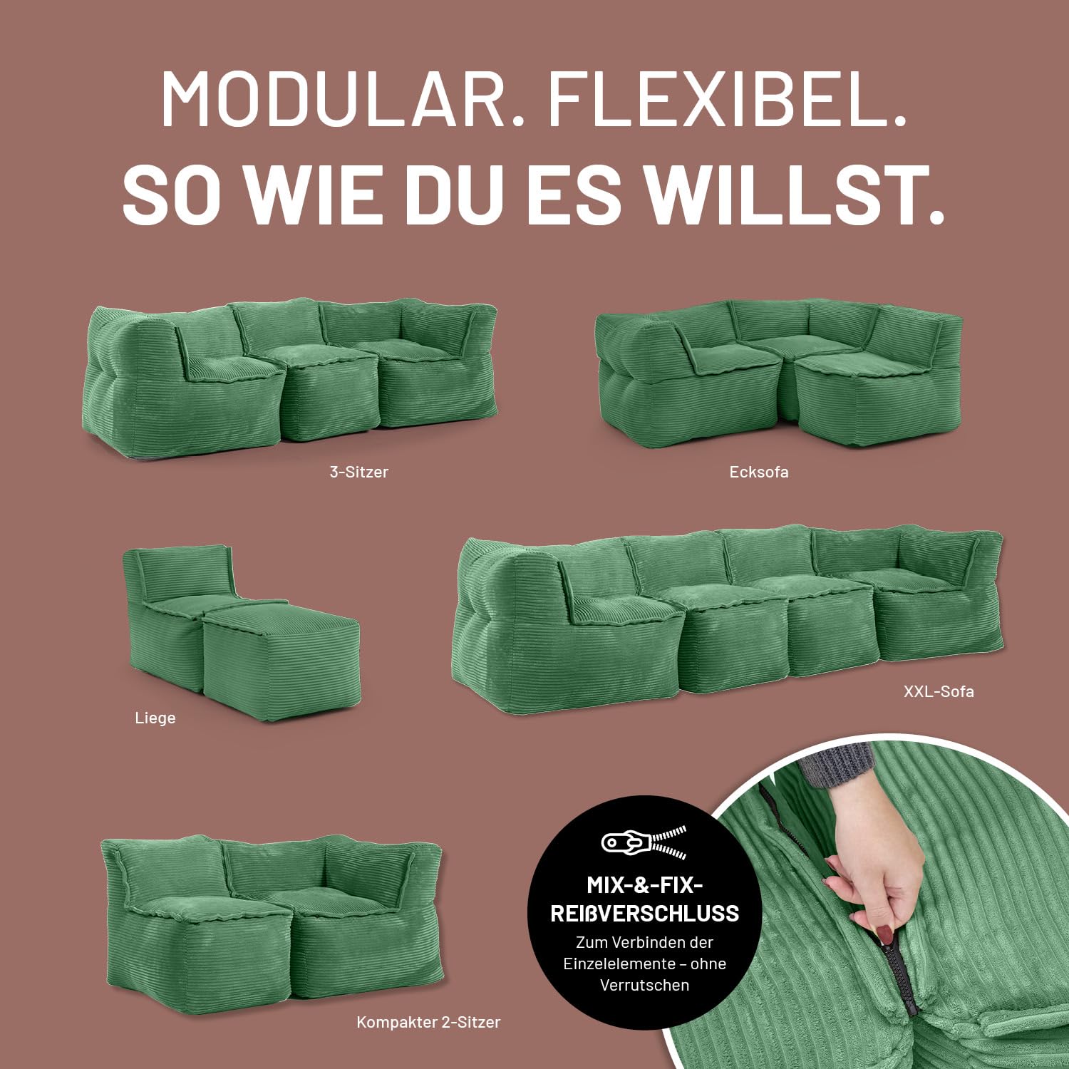 LUMALAND Modular Sitzsack Mitte Cord 200 L für Modulares Sofa | ideales Match mit Sessel & Pouf | EPS Perlen Bean Bag mit Füllung | Indoor Lounge Sitzkissen waschbar für Wohnzimmer, Schlafzimmer & Co.