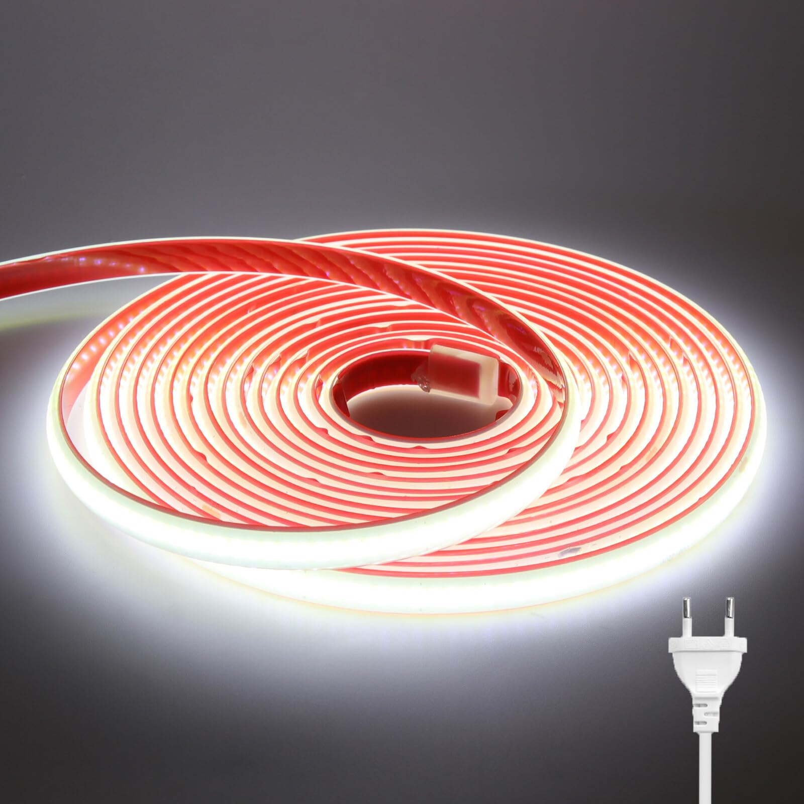 Striscia LED COB 230V 10m Tagliabile Ogni 10cm | Neon Flessibile Impermeabile IP65 240 LED/m | Luce Bianca 6000K Con Interruttore