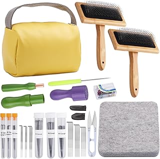 74 Needle Felting Tools, Needle Felting Kit with Hand Carders Wooden Wool Carders Needle Felting with Wool Needle Leather Finger Protector for DIY Felting Wool Projects