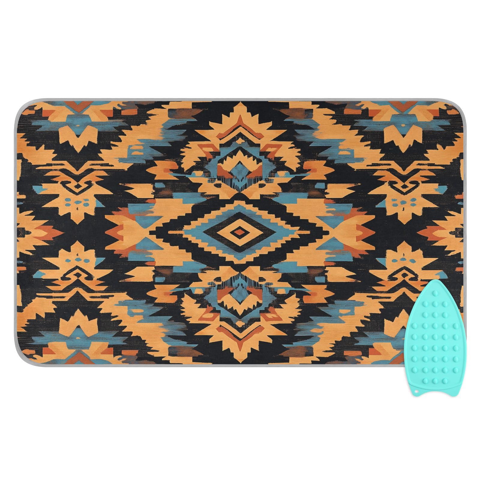 pnyoin Portable Ironing Mat Retro Brown Pattern Travel Ironing Pad with Silicone Iron Rest for Steam Pressing on Tabletop or Bed Heat Resistant Portable Quilting & Travel Blanket