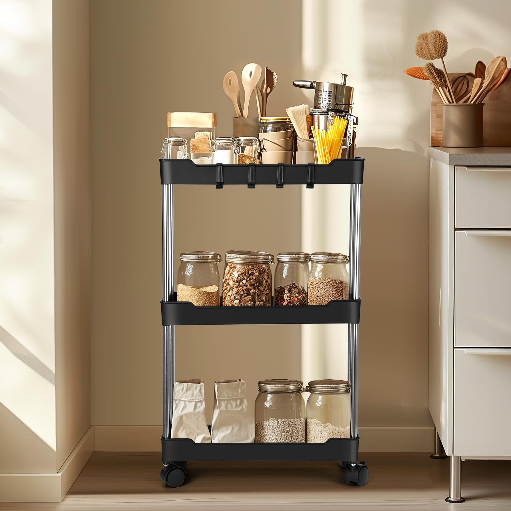 Carro De Almacenamiento De 3 Niveles,Carro De Almacenamiento Delgado Carrito Multifunción Carro De Servicio Ruedas Bloqueables para Cocina Dormitorio Baño Lavadero Negro 15 X40 X 61cm