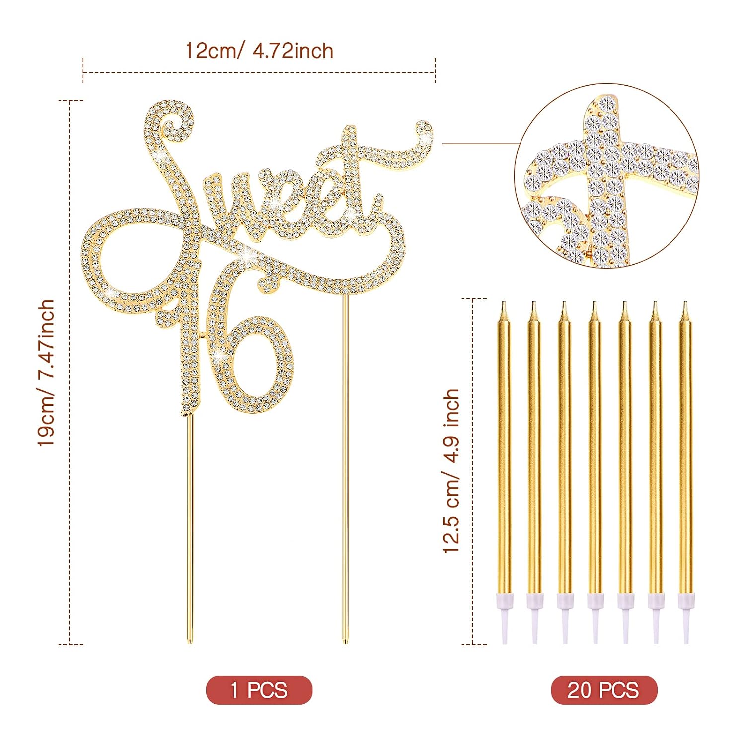 Tondiamo Sweet 16 Birthday Decorations Rhinestone Sweet 16 Cake Toppers 20 Pcs Metallic Happy Birthday Candles 16 Cake Decorations for Cupcake Decor(Gold White)