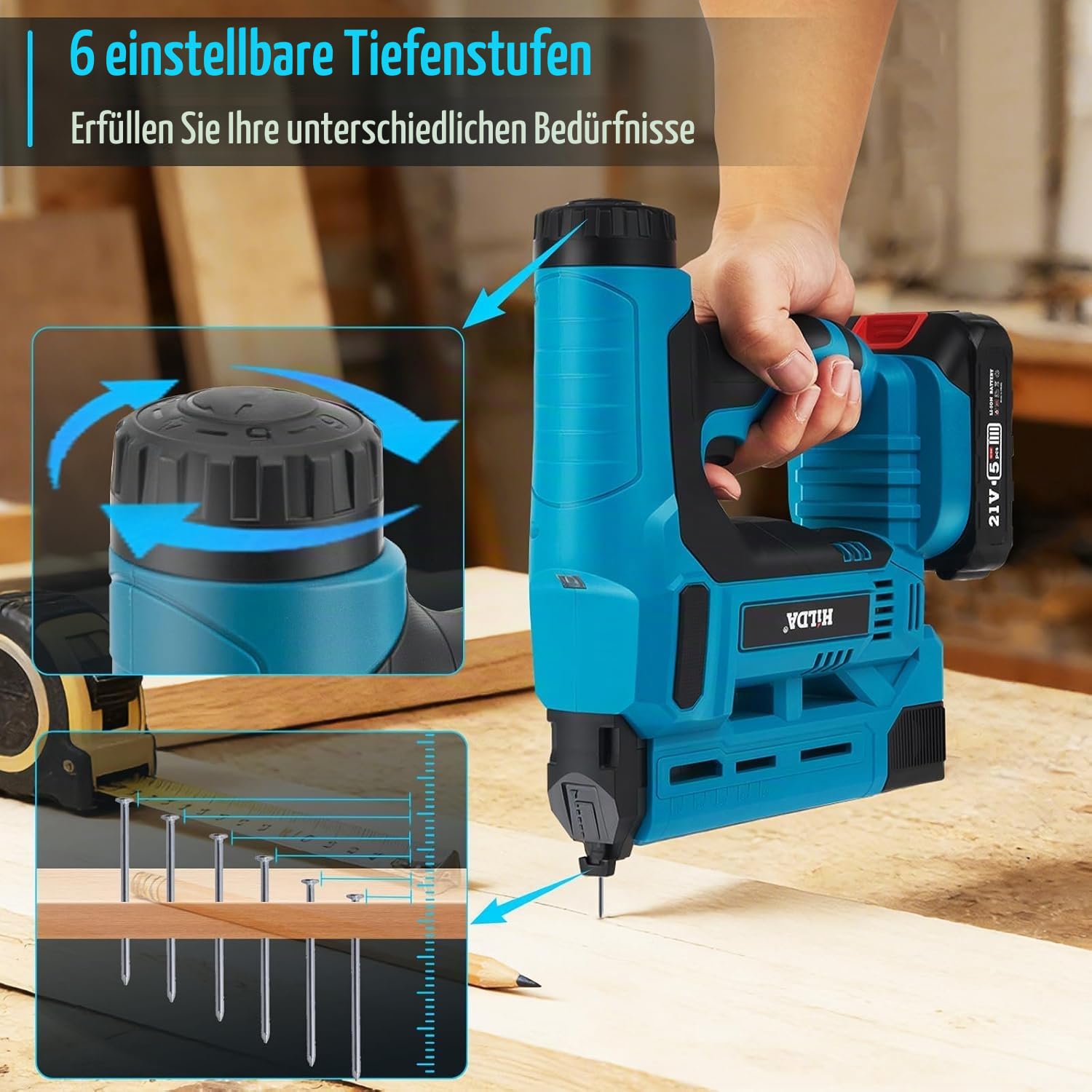 Akku Nagler Nagelpistole und Tacker, 18GA 21V Elektrische Nagelpistole mit 2×2.0Ah Akku und Ladegerät,1000 Nägel und 1000 Heftklammern enthalten, Einstellbare Tiefe für Heimwerker und Holzarbeiten