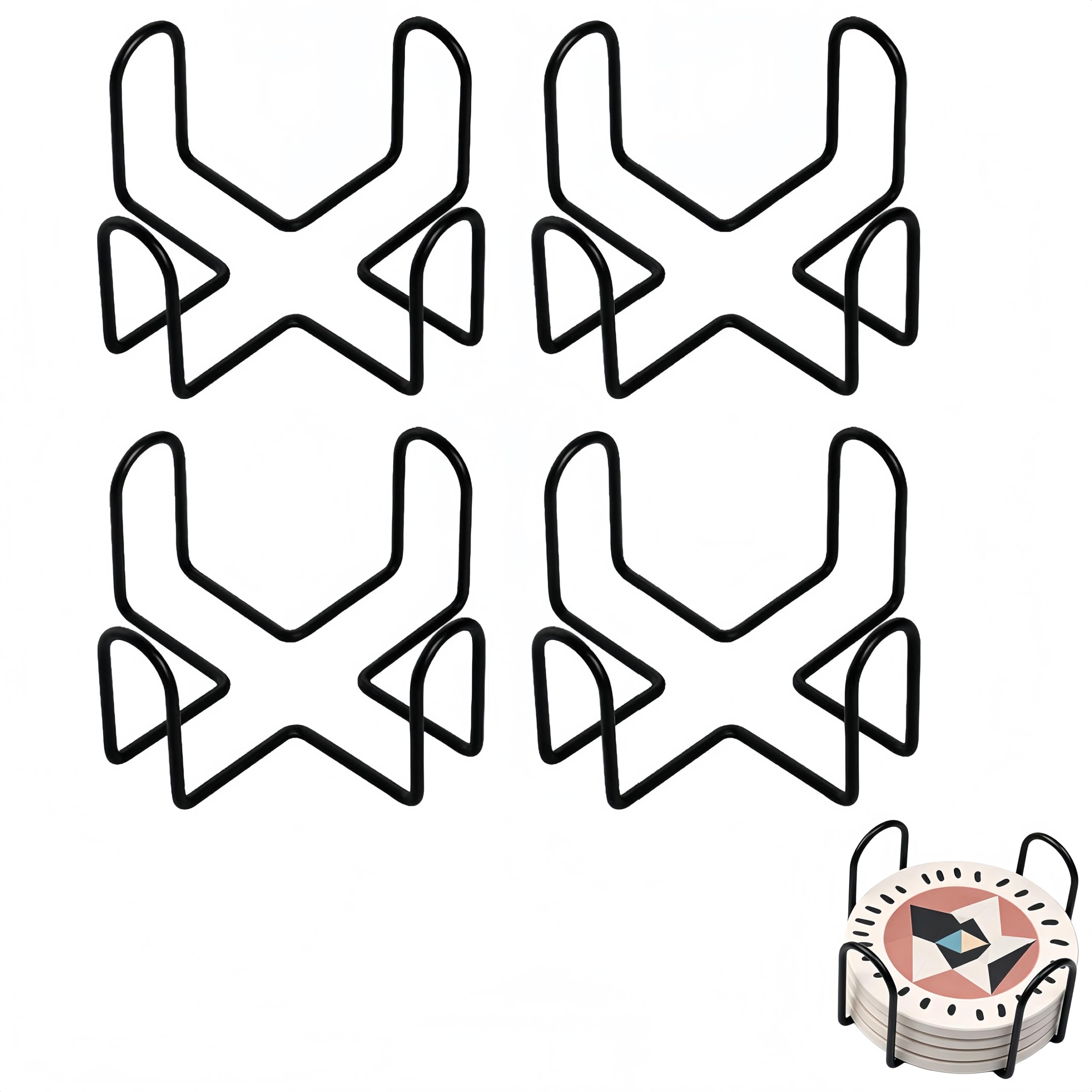 Sottobicchieri con supporto, supporto per sottobicchieri, in ferro, per sottobicchieri rotondi e quadrati da 10,2 cm (confezione da 4, nero)