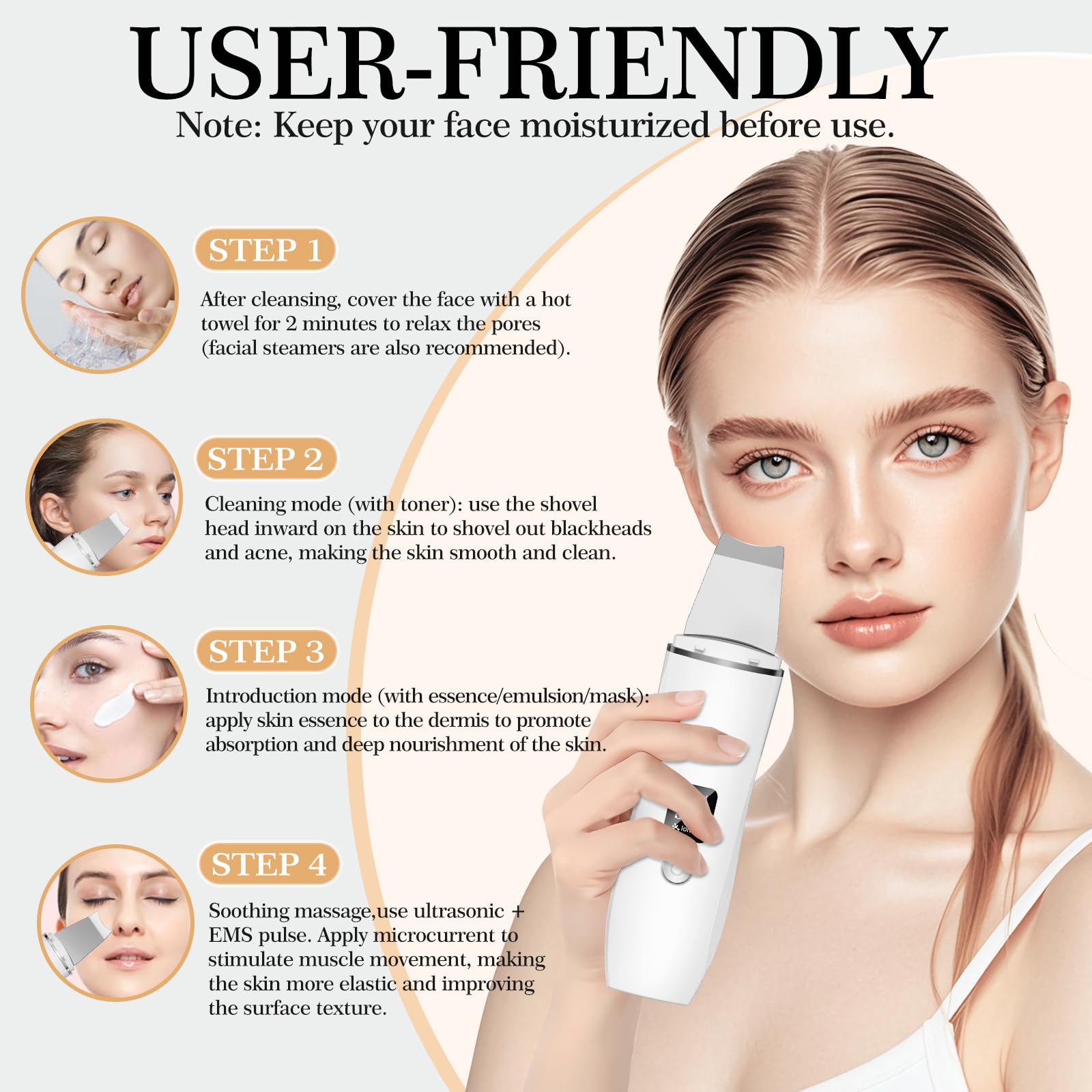 Appareil exfoliant ultrasonique pour la peau, élimine les points noirs, nettoie les pores et les rides, nettoie le visage en profondeur, 4 modes, rechargeable par USB, 2 protections en silicone