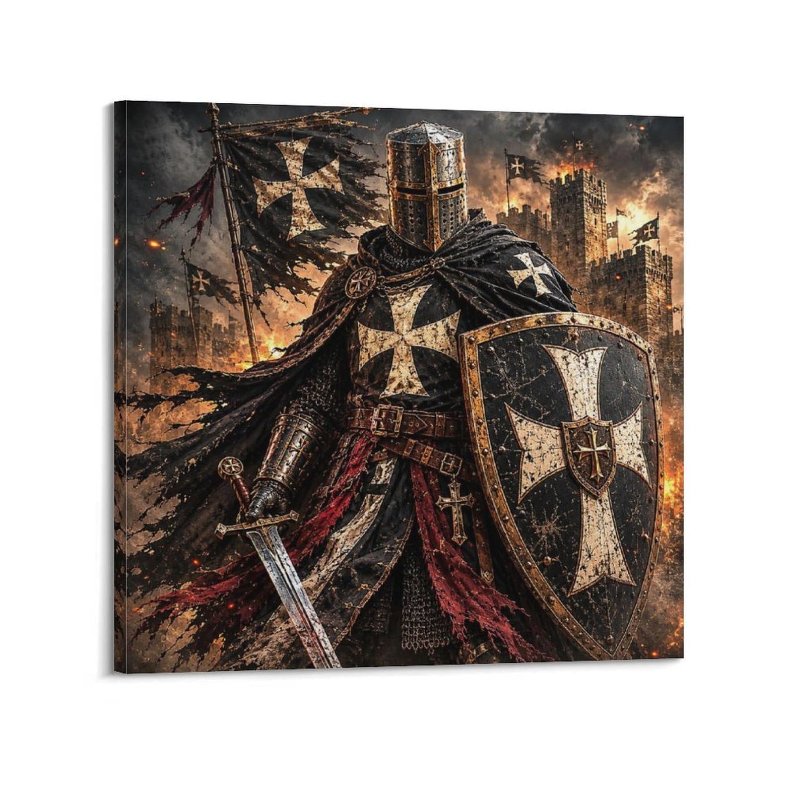 XKUGA Hospitaller Knight Cloak White Cross Fortress Armor Poster Modern Decorative Canvas Prints - Ideal Wall Art for Family, Man Cave, Game Room, Boys & Girls Bedroom 16x16inch(40x40cm)