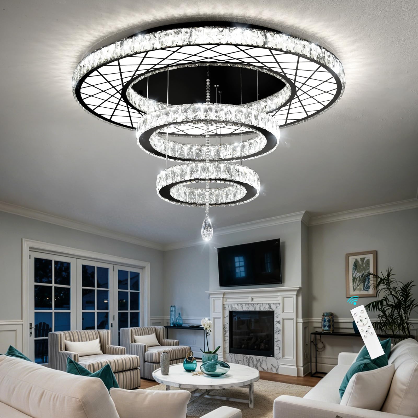 HAIXIANG Crystal Glam Chandelier LED Ceiling Light Living Room