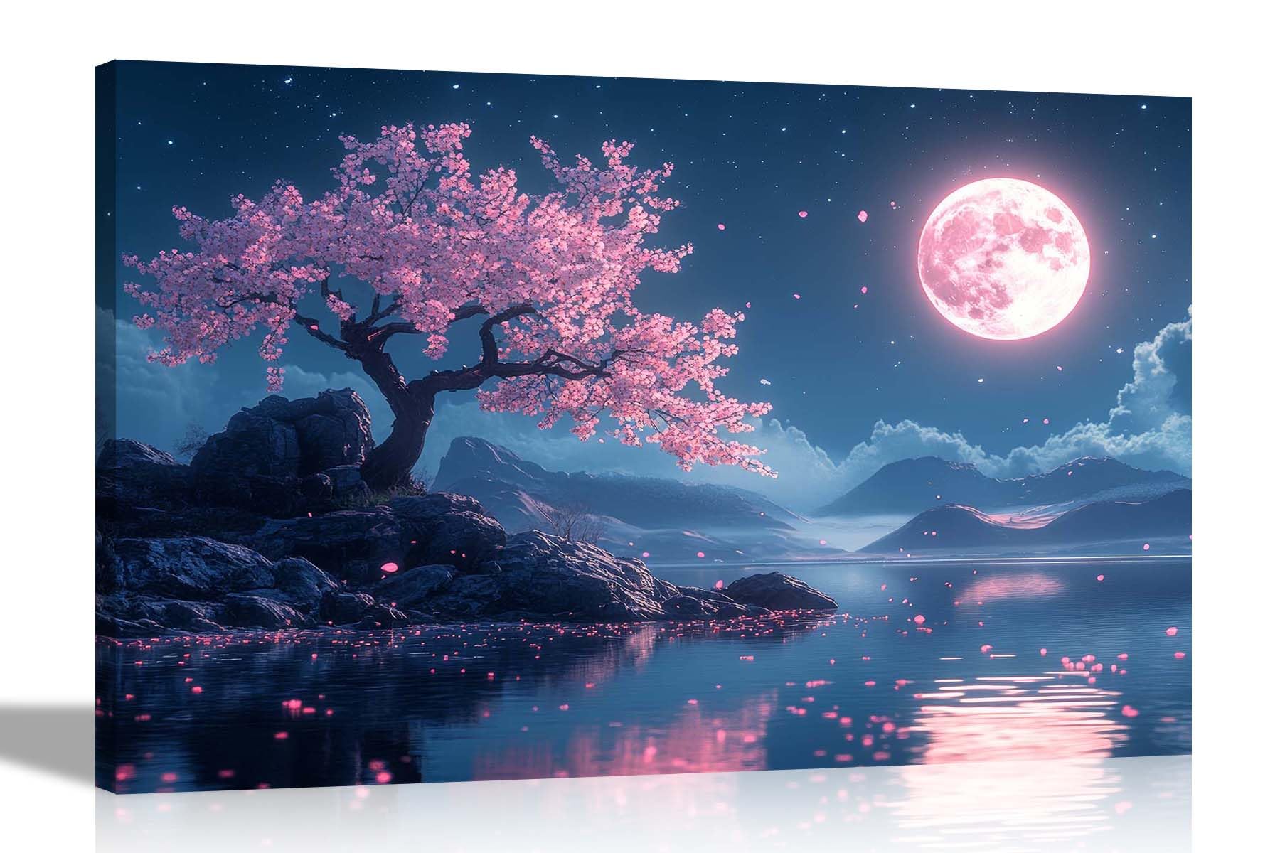 Artley Prints Mountain Tree Full Moon Mountain - Pink Moon Cherry Tree Lake Mountains Canvas Wall Art Modern Framed Oil Painting Prints Décor Ready To Hang 30 X 20Cm (12 X 8 Inches) A4