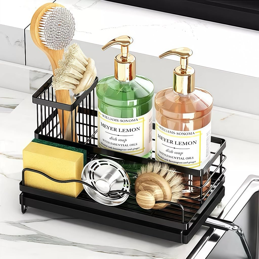 KINGBERW Large Sponge Holder for Kitchen Sink Auto Draining Sponge Sink Caddy Organizer with Brush Holder Kitchen Countertop