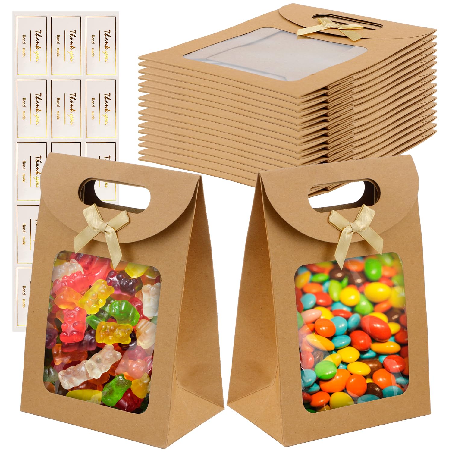 DesertBoy 12 Pcs Kraft Paper Packaging Bags with 1 Sheet Sticker, Gift Bag with Window, Kraft Paper Bags with Window, Stand Up Gift Bag with Handles for Packaging Present and Cookies(14 * 20 * 7 cm)