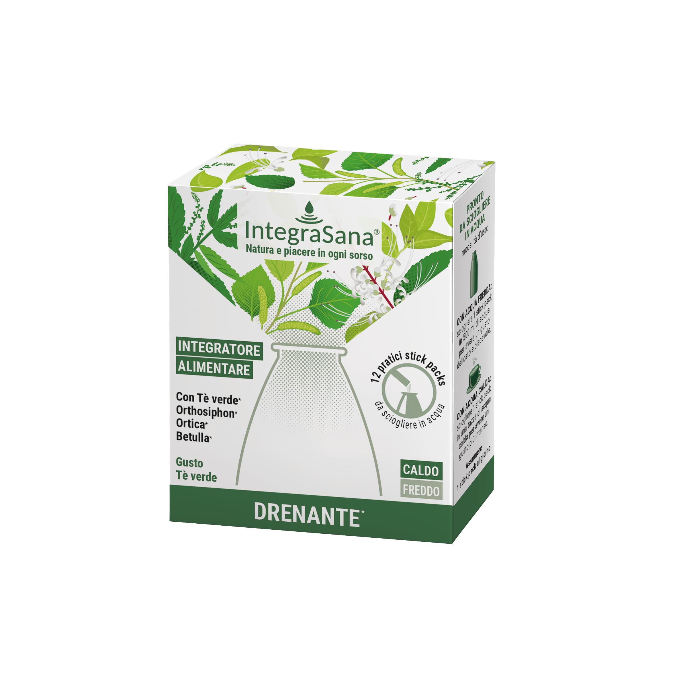 Integratore solubile, Gusto tè verde, Confezione da 12 stick da sciogliere in acqua fredda o calda. Favorisce il drenaggio dei liquidi corporei.