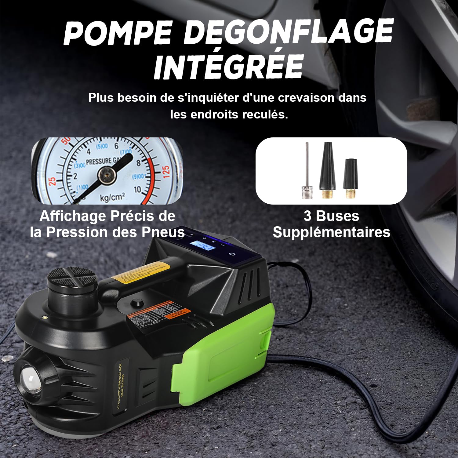 VOBOR Cric Électrique Voiture 5T, 4 in 1 Cric Hydraulique 12V avec Écran LCD et Pompe de Gonflage des Pneus, 150-450mm Leve pour Voiture Pickup Changement de Pneu Garage Réparation