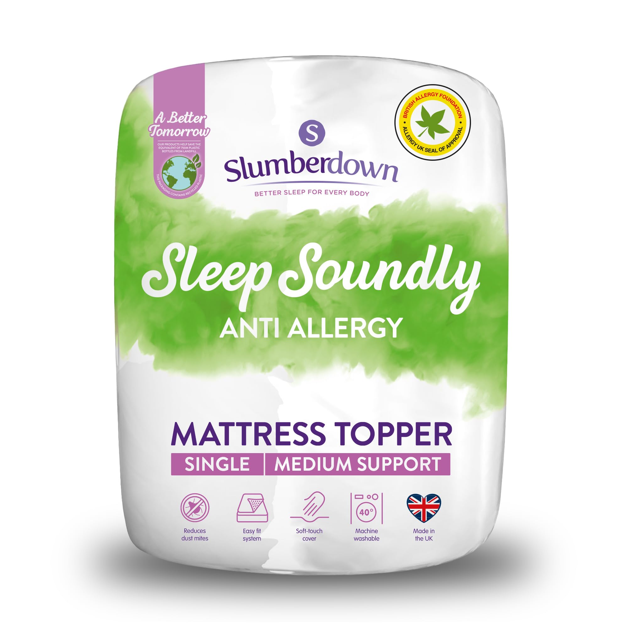 Slumberdown White Anti Allergy Mattress Topper Single Bed - Allergy Uk Approved Anti Bacterial Bed Topper For Allergy Sufferers | Oeko‑Tex Certified, Uk-Made, Washable (90 X 190Cm)