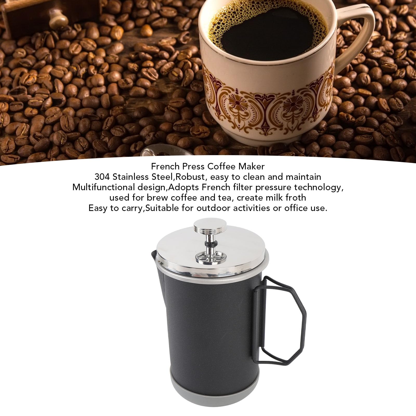 aqxreight de Prensa Francesa Coffee Press French Press Acero Inoxidable PRESIÓN French Portable 1000ml con Tecnología Avanzada de Presión de Filtro para la Oficina de Viajes para Acampar (BLACK)