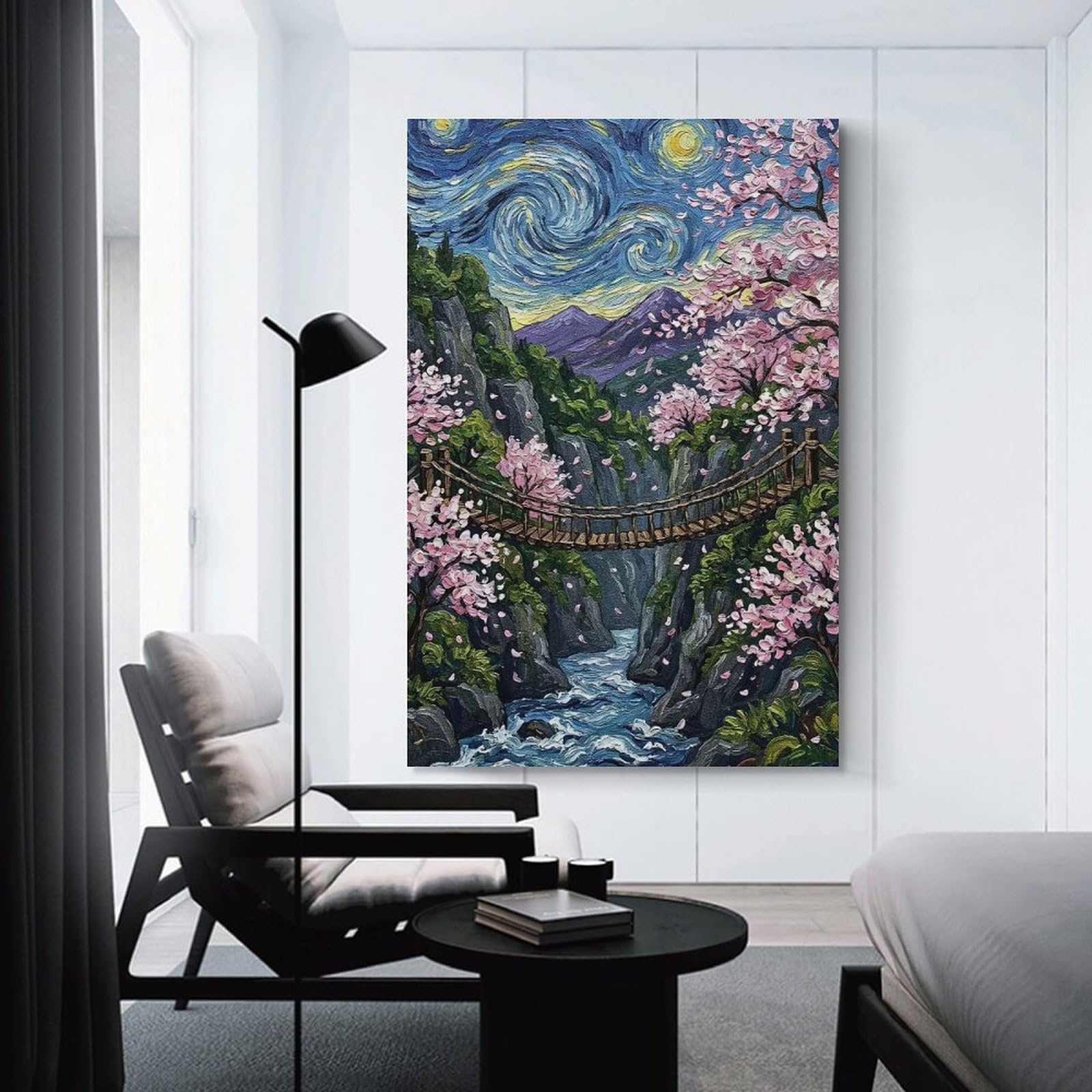 Junmoney Starry Night Cherry Blossom Bridge Wall Art Print, 24x36inch(60x90cm), for Study, Office Or Focused Interiors, Home Office Artwork with Decorative Appeal