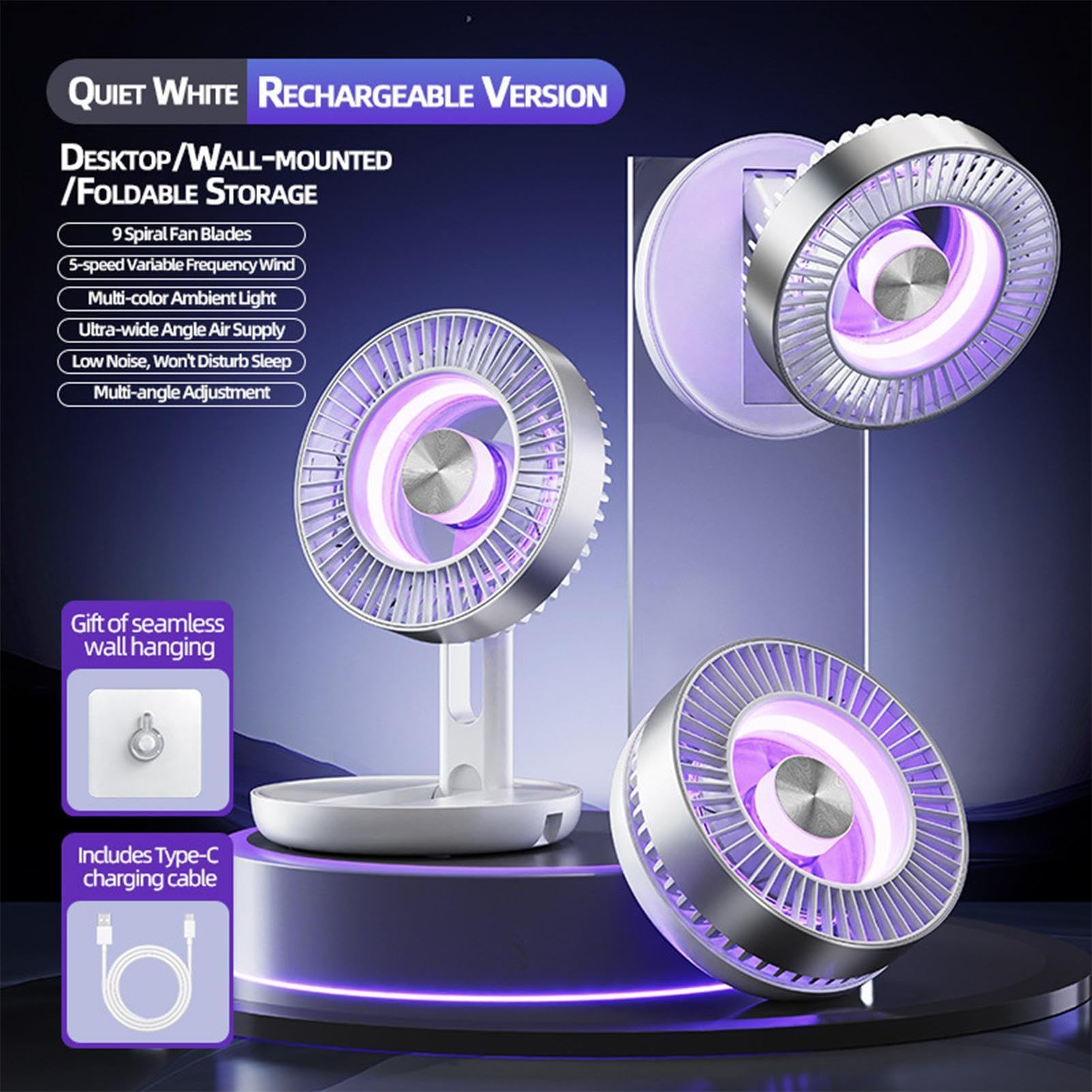 Ventilatore USB Da Scrivania 5 Velocità Ventilatore Silenzioso Pieghevole | Ventilatore Da Scrivania per auto viaggi casa comodino lavoro computer