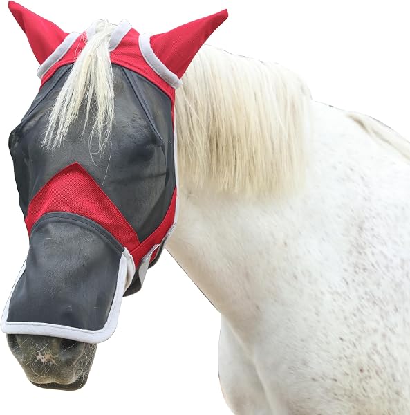 Masque Anti-Mouches pour Chevaux, Couvre-Nez et Oreilles, Protection Anti-UV, Maille Respirante, Grands Yeux, Ouvertures pour Les Poils du Front, sans Frottement, Rouge Large - 1