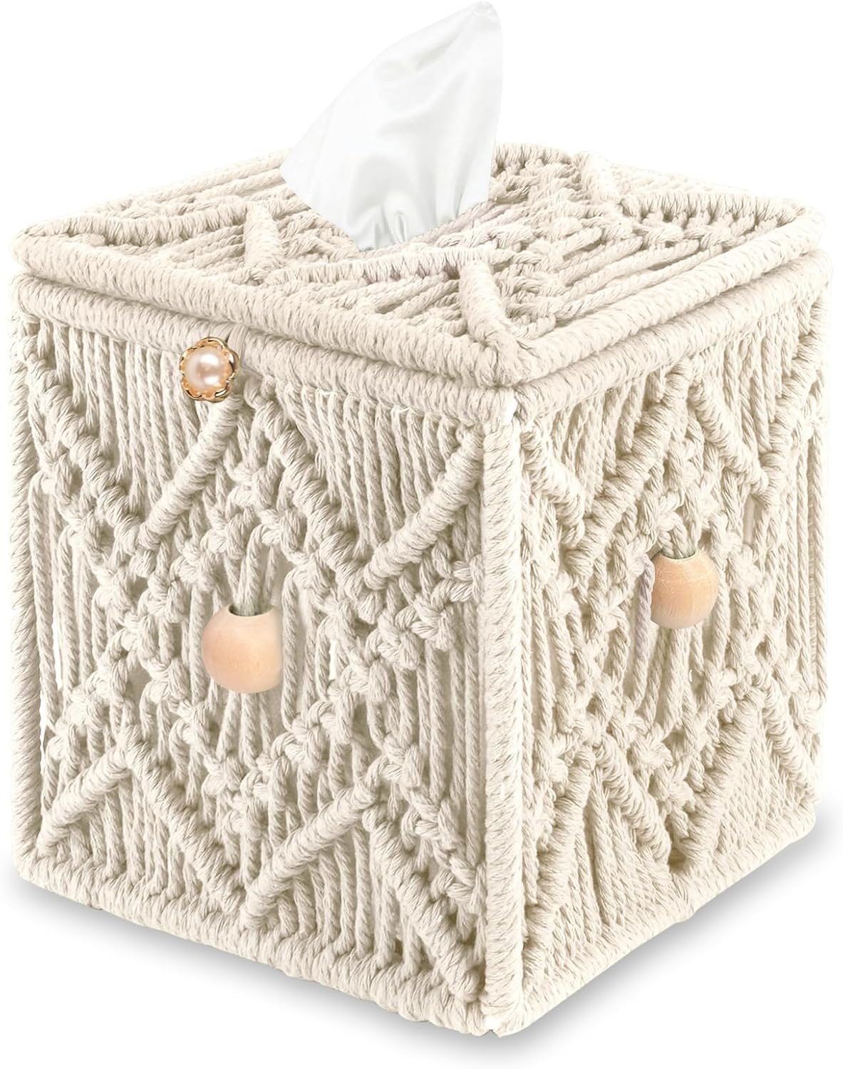 Handmade Tissue Box Cover Decorative Macrame Boho Square Tissue Holder Cotton Rope Woven Napkin Facial Paper Organizer Bohemian Desk Storage Container with Buckle Wood Beads (Ivory)