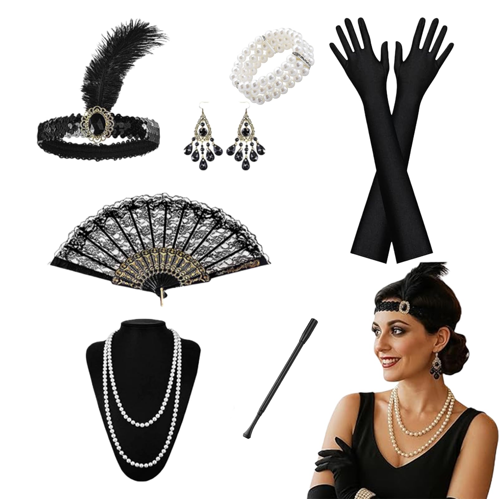 AWAVM 1920s Flapper Great Gatsby Accessories Set, Gatsby Accessories Women,Roaring 20's Theme Set with Headband Gloves Necklace Earrings Lace Folding Fan for Women Ladies