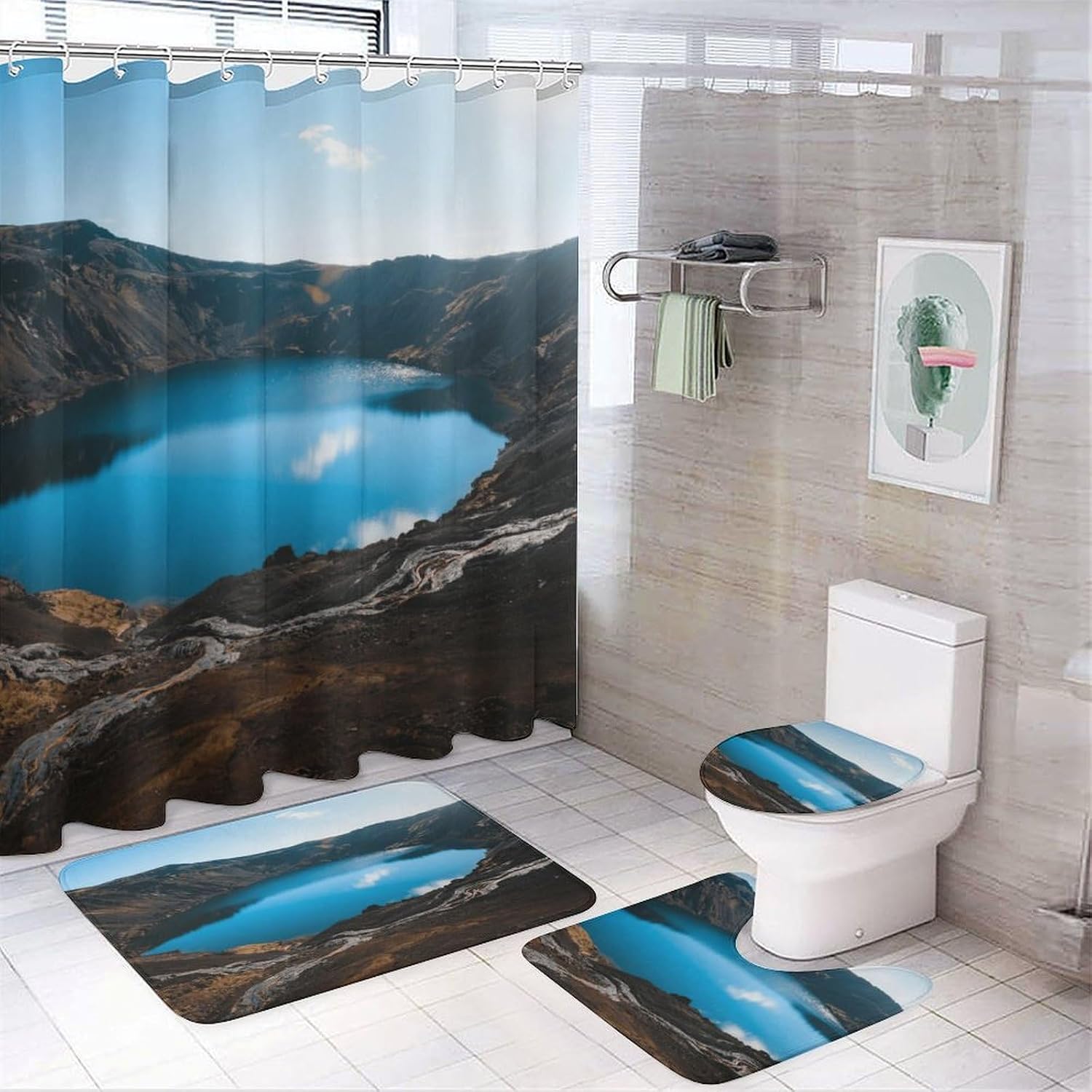 Crater Lake Bath Rug Set 4 Piece,Bathroom Accessories Set-Toilet Rugs U Shaped,Toilet Lid Cover,Shower Curtain and Rugs,Ultra Soft, Absorbent,Home Decor