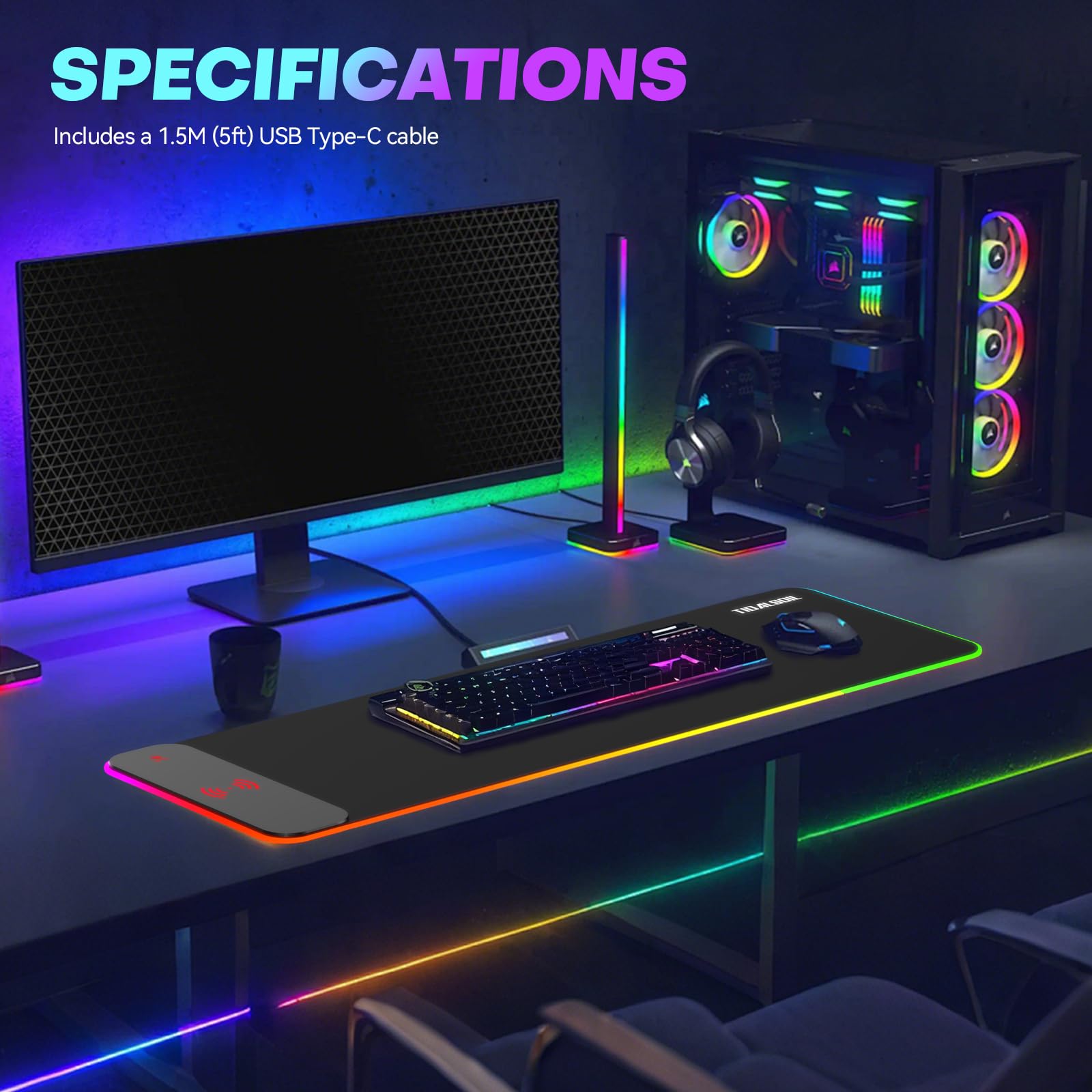 Tappetino per mouse da gioco RGB con caricabatterie wireless da 15 W, 17 modalità di illuminazione, tappetino per mouse extra large da 70 x 30 cm, con base antiscivolo, plug & play di tipo C, per