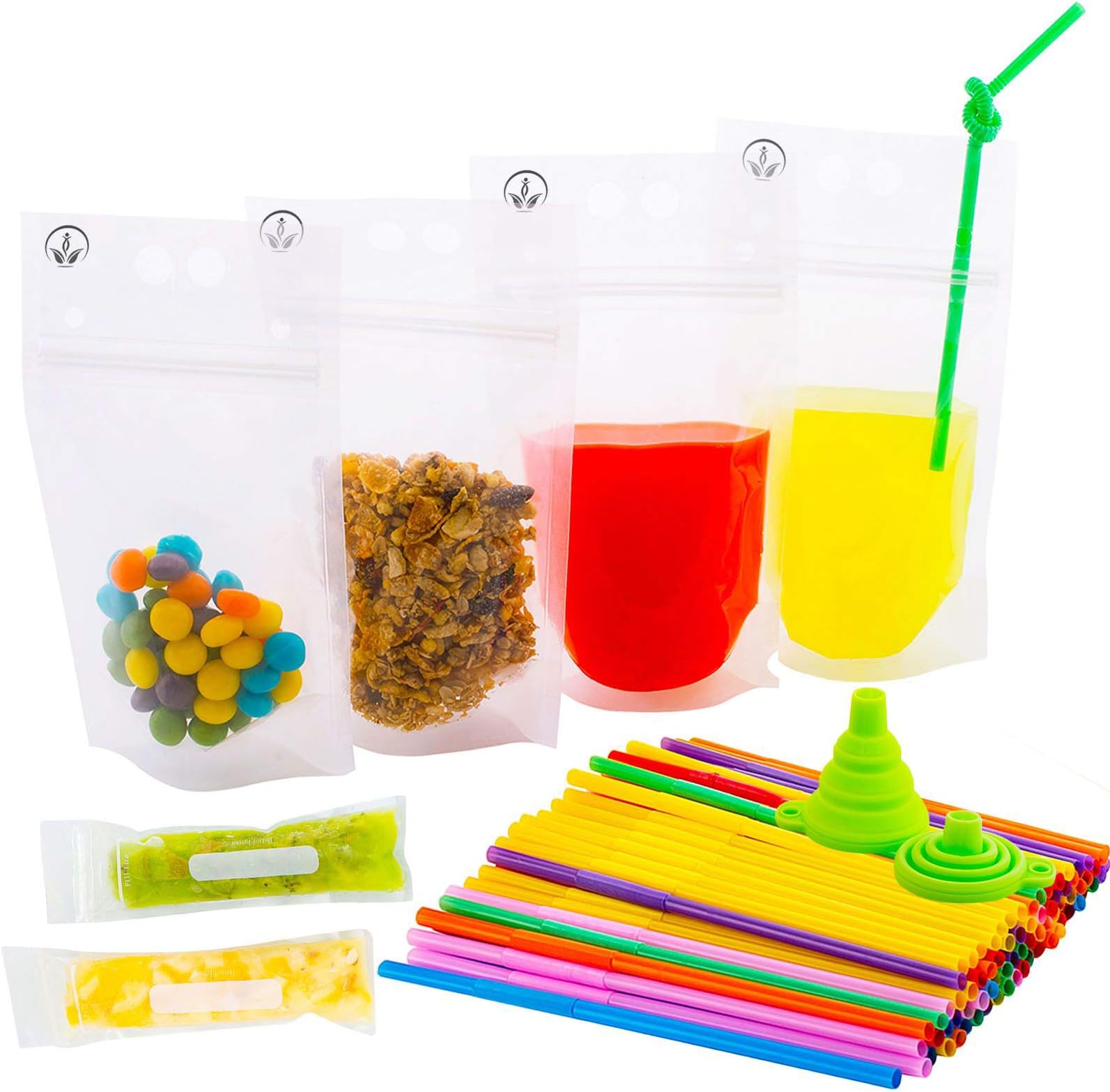 Time Saver Drink Pouches with Double Zipper for Clear Smoothie Bags - Straws and Popsicle Bags and Silicone Funnel +Ebook -176-Pcs| Food and Juice Reusable Container |Disposable and Non-Toxic,BPA Free