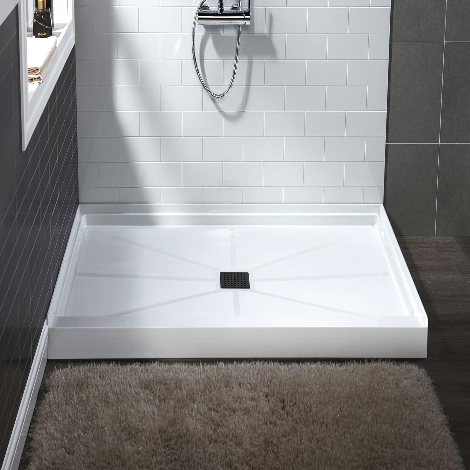 WOODBRIDGE Solid Surface Shower Base with Recessed Trench Side Including Matte Black Linear Drain Cover L x W x H, 36" L x 36" W x 4" H,Center Drain White Color