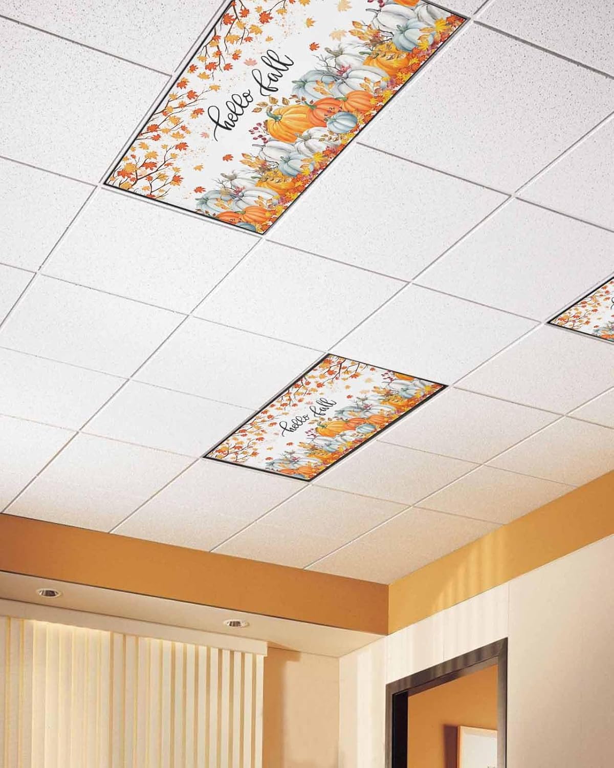 Fall Fluorescent Light Covers for Ceiling Lights Autumn Maple Leaves Magnetic Light Filters 3 Pack 4x2 ft Orange Pumpkin Hello Fall Thanksgiving Ceiling Lights Cover for Classroom Office Drop Lamp