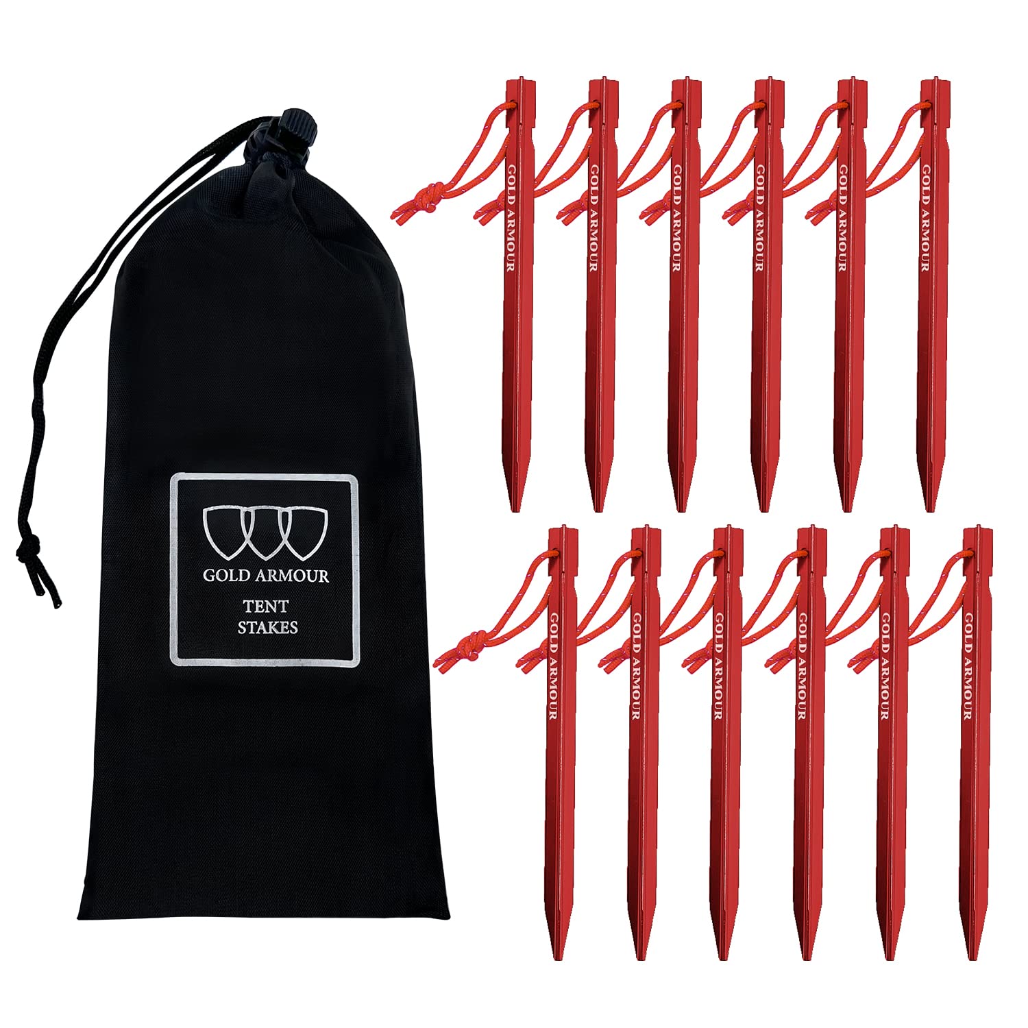 Gold Armour 12 Pack Heavy Duty, Lightweight 7075 Aluminum Tent Stakes Pegs - Reflective, Multi-use, Essential Camping Gear Equipment Accessories (Gold, Red)