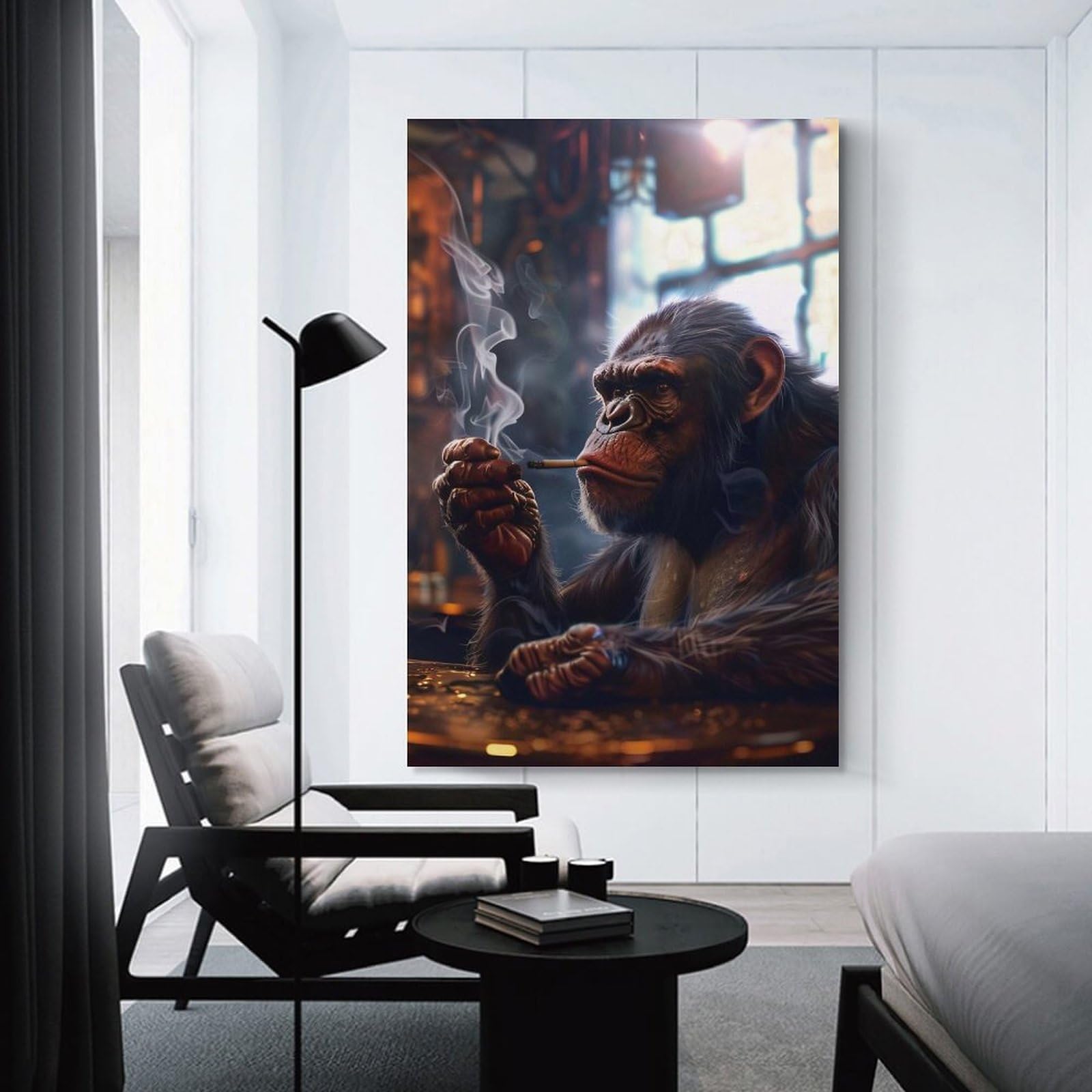 Junmoney Canvas Art Print Chimpanzee Smoking in A Bar, 12x18inch(30x45cm), for New Homes, Bedrooms Or Workspaces, Thoughtful Wall Decor for Art Lovers