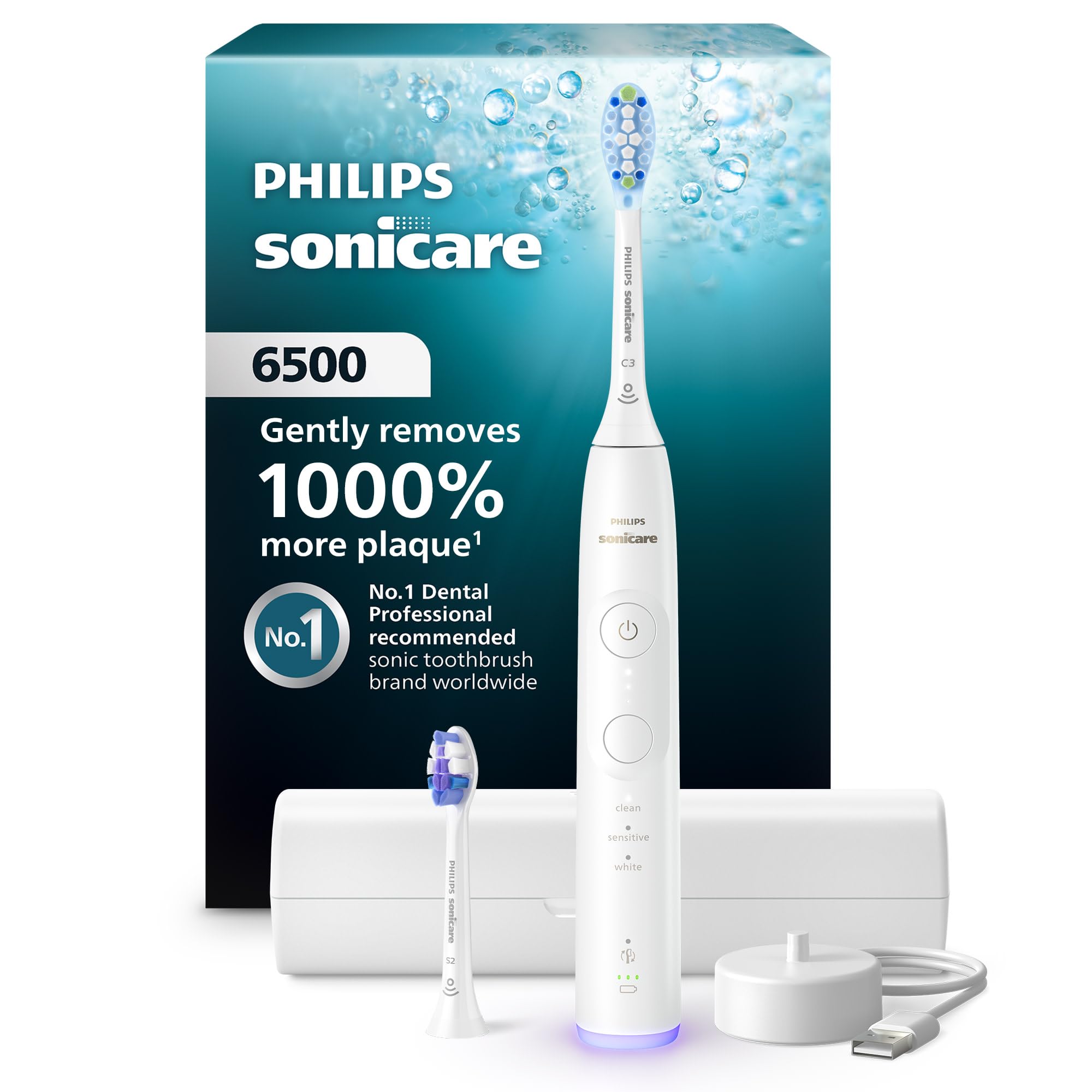 Philips Sonicare 6500 Series Electric Toothbrush - Next-Generation Sonicare Technology, Pressure Sensor, 9 Brushing Settings, SmarTimer, BrushPacer, 21-Day Runtime, Travel Case, White, HX7410/10
