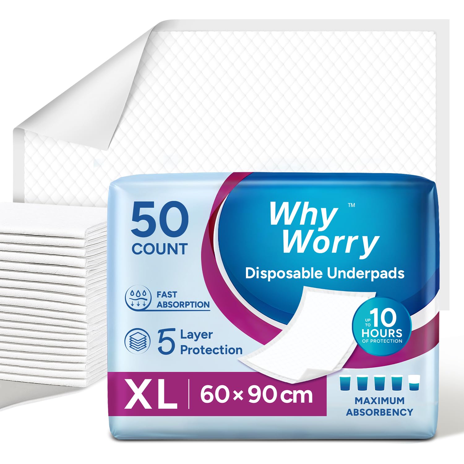 Whyworry White Disposable Incontinence Bed Pads 60 X 90 Cm, Bed Wetting Mats For Adults, Underpads, Pee Pads, Mattress Protectors, Waterproof Bed Sheets For Babies & Children, 50 Count