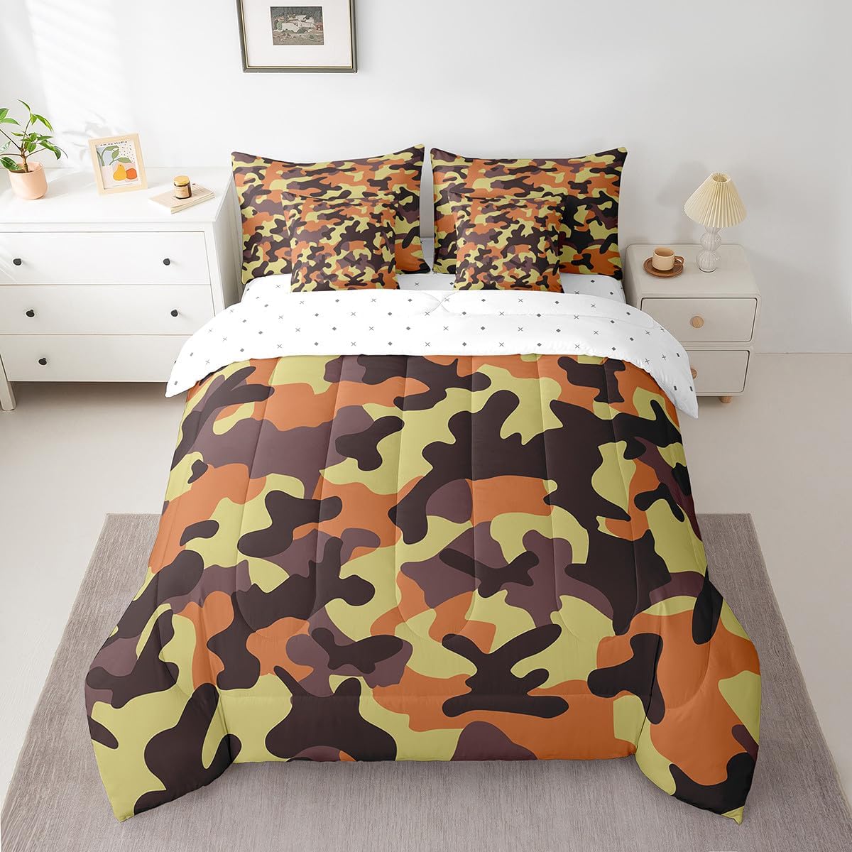 Erosebridal Camo Queen Comforter Set 7 Piece,Orange Camouflage Bed in A Bag with Sheets Military Theme Bedding Set for Kids Boys Adults Abstract Bed Set Reversible