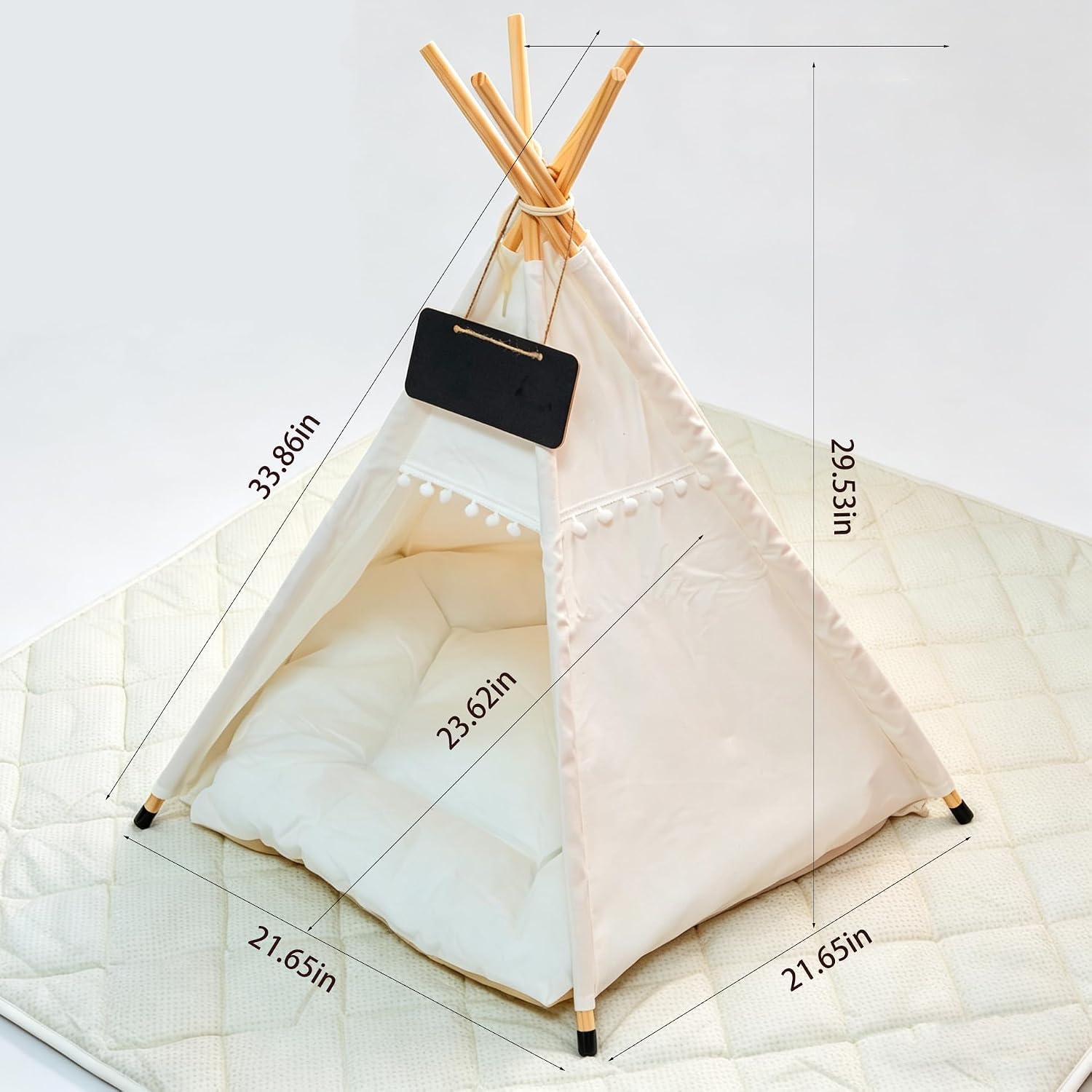Pet Teepee Tent with Thick Padded Cushion - Portable Washable Cotton Canvas Cat Tent & Dog Bed - Indoor Pet House for Small Dogs, Puppies, Cats - Modern Boho Home Decor
