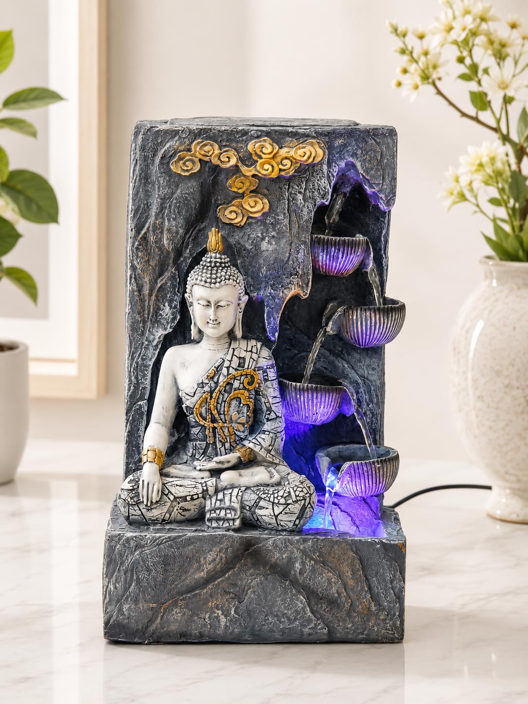 CHRONIKLE Grey Polyresin Tabletop Designer 4 Step Indoor Water Fountain for Home Decor with LED, Speed Control Pump (Size: 26 x 18 x 44 CM | Weight: 2910Gram)-image-30
