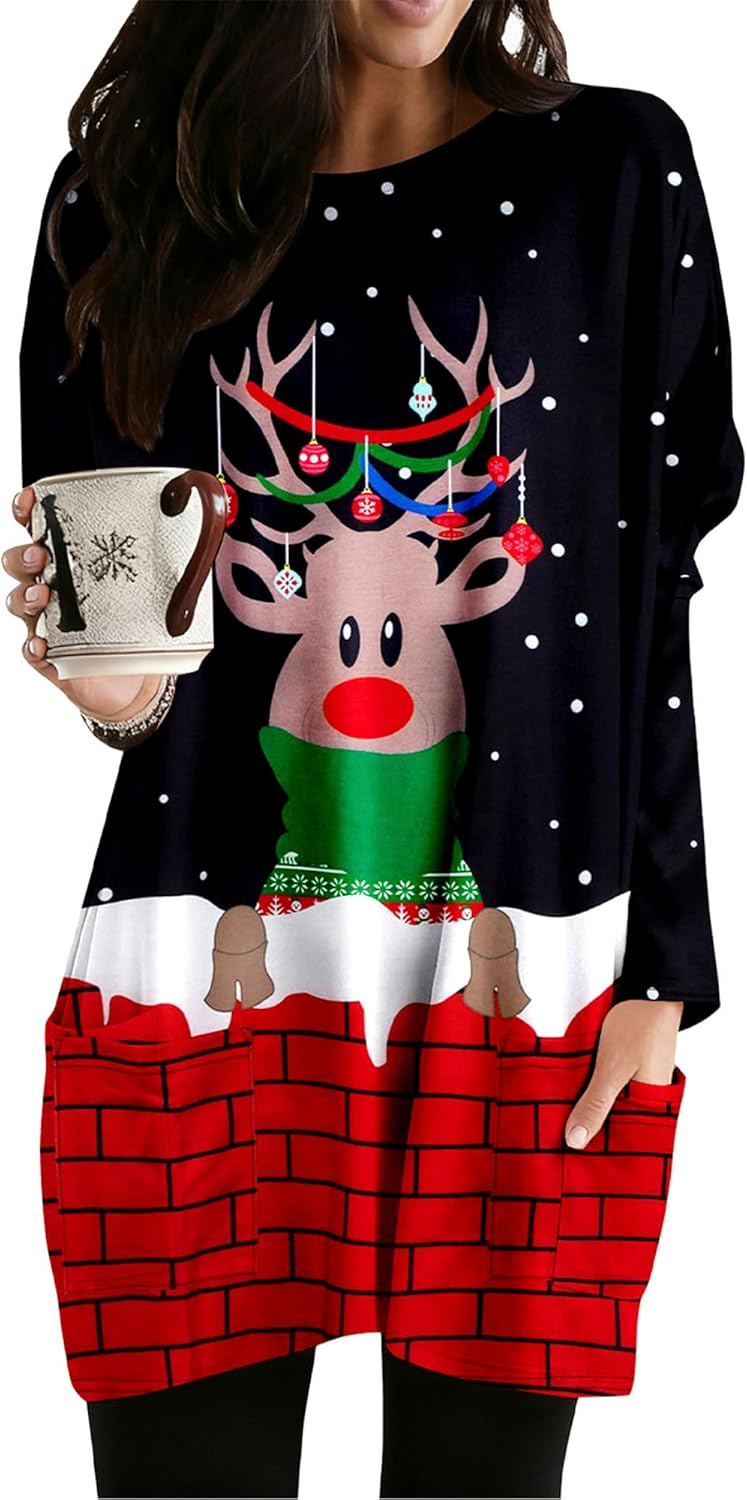 MOUSYA Women Dress Shirt Christmas Long Sleeve Tops Santa Printed Pullover Loose Plus Size T-Shirt Blouse with Pockets
