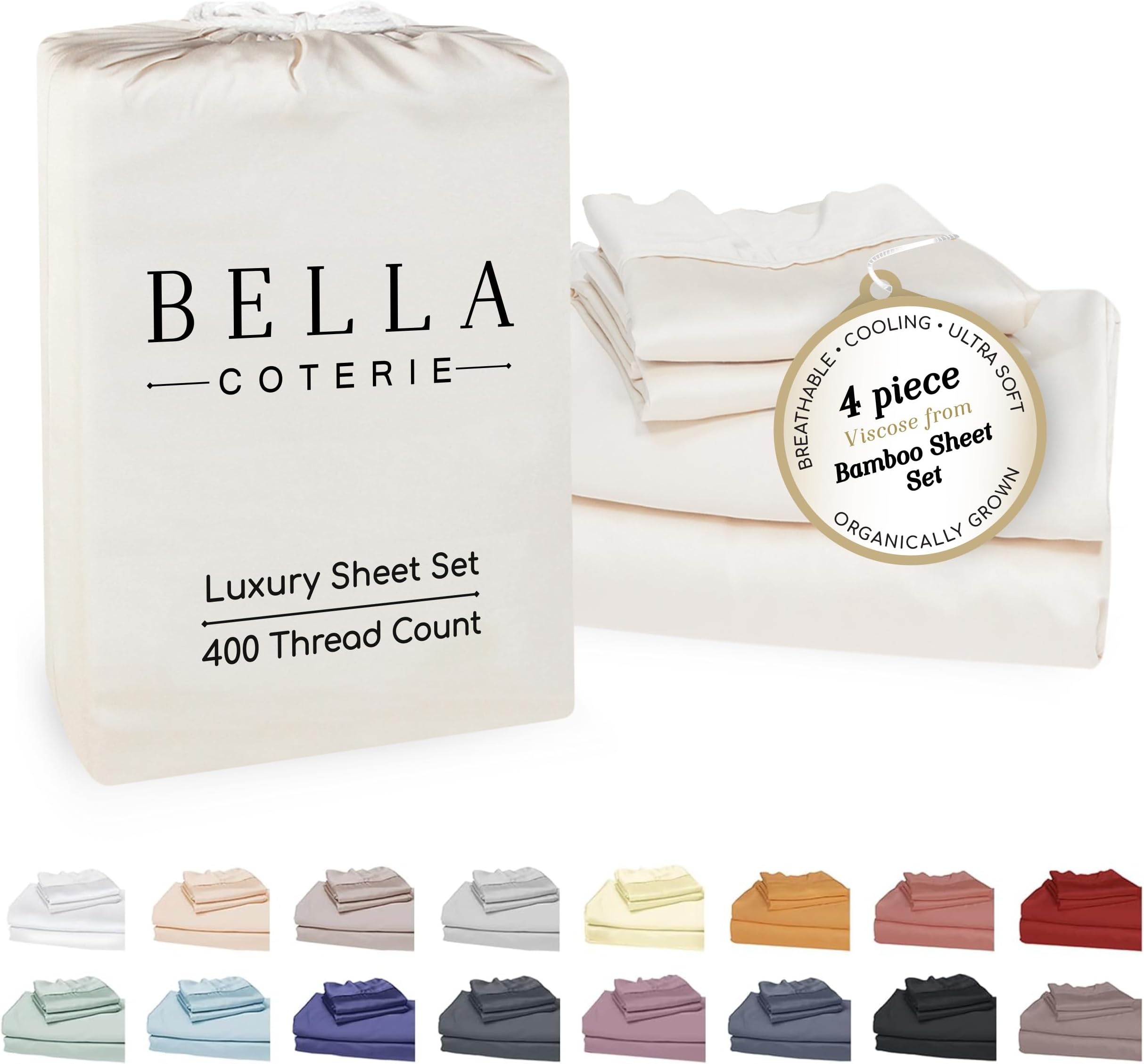 Bella Coterie Luxury Split Top King Size Bed Sheets Set | Organically Grown | Viscose Made from Bamboo | 34'' Split | Ultra Soft | Cooling for Hot Sleepers | 18'' Deep Pocket [Ivory]