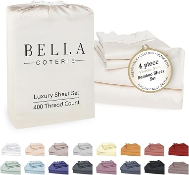 Bella Coterie Luxury Bamboo Viscose Queen Size Sheet Set | 100% Organic Grown | Ultra Soft | Cool to Hot Sleeper | 18" Deep Pocket Ivory