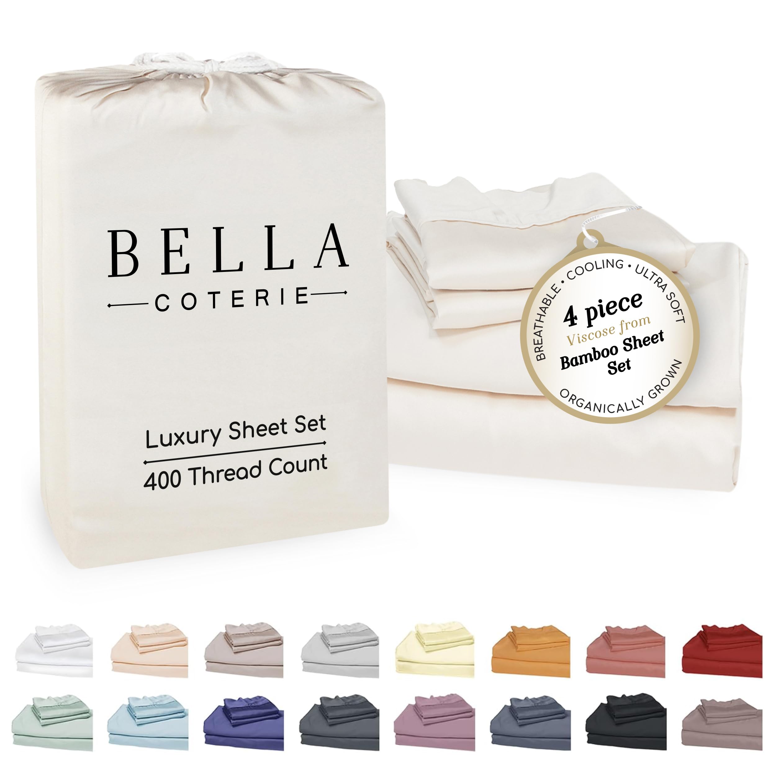 Bella Coterie Luxury Bamboo Viscose Queen Size Sheet Set 100 Organically Grown Ultra Soft Cooling for Hot Sleepers