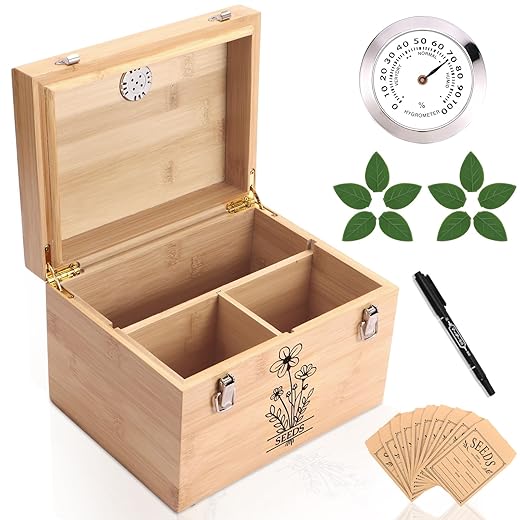 Professional-Designed Bamboo Seed Storage Box with Built-in Hygrometer, Double-Layer Airtight Lid and Safety Lock, Temperature-Stable Wooden Seed Organizer for Preservation, Great Gifts for Gardener