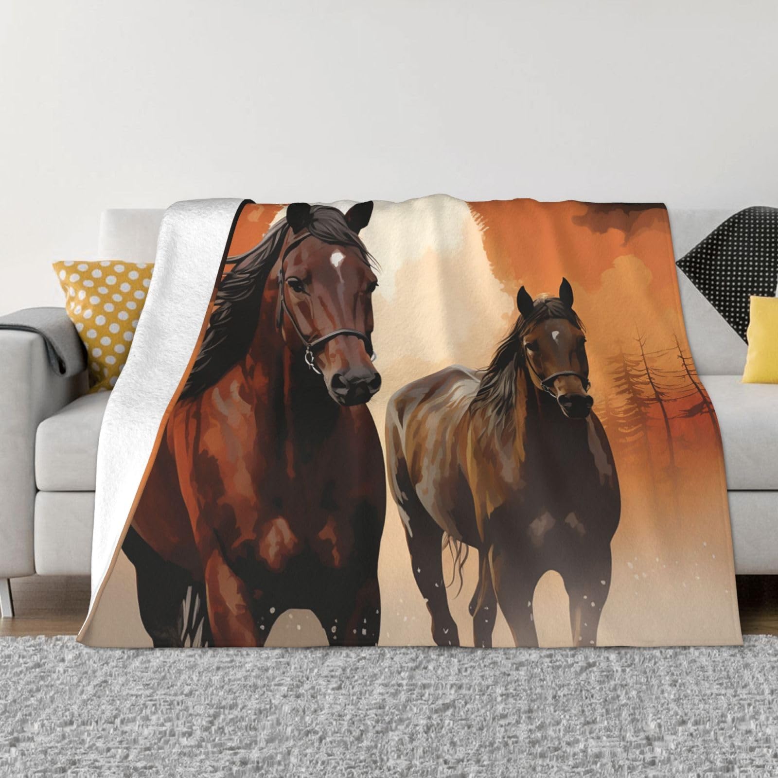 KLOPH Brown Horse Silhouette Throw Blanket 80"x60" Flannel Fluffy Warm Blanket for Couch, Reversible Plush Blankets for Bed, Comfy Fuzzy Blanket for Sofa, Plush Lightweight-Blankets for All Season