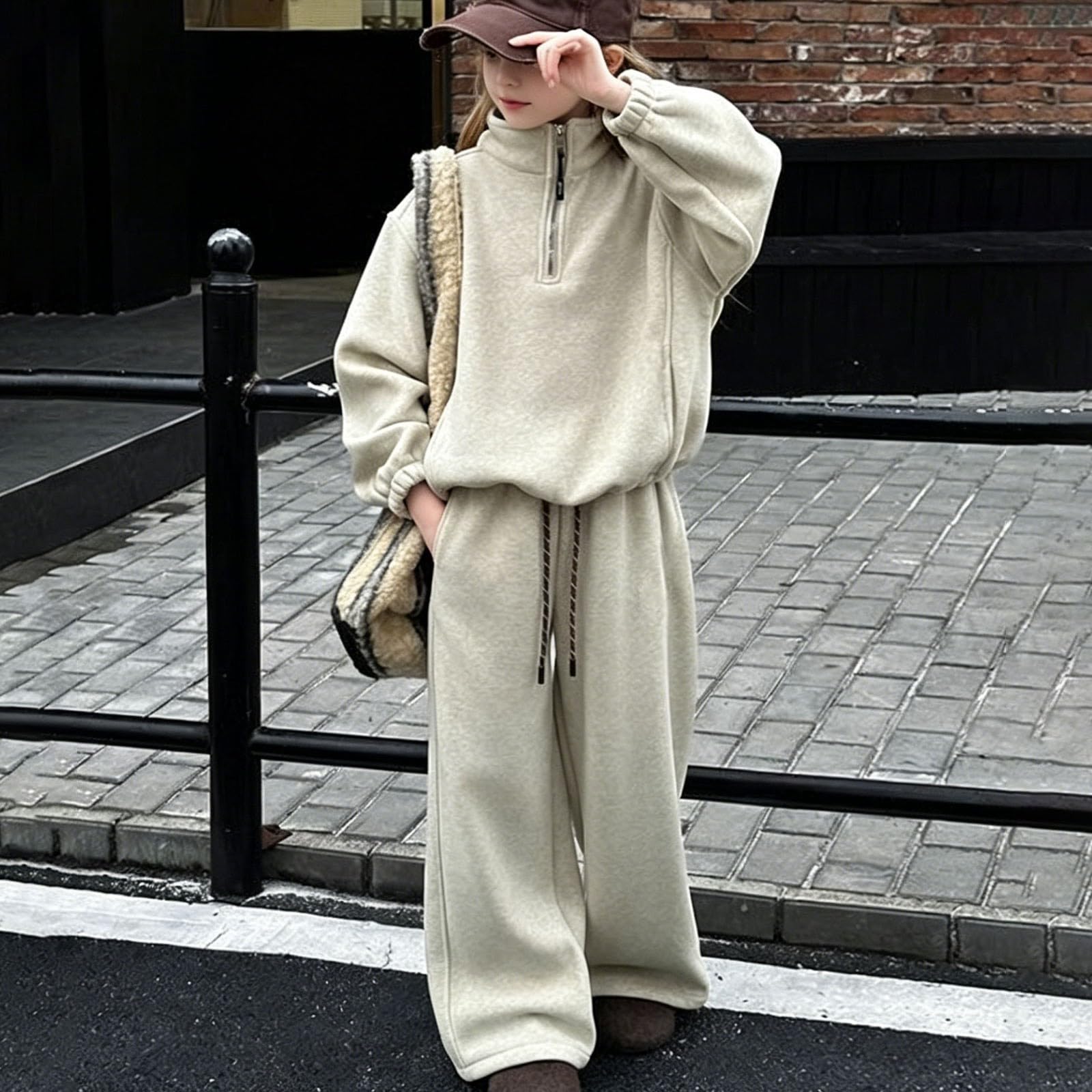 Tuta da ragazza con cappuccio e pantaloni della tuta con mezza zip, beige, 5-6 anni | Felpa con cappuccio e pantaloni sportivi per bambini, set da 2 pezzi, per la scuola, casual, comodo, con cerniera a un quarto