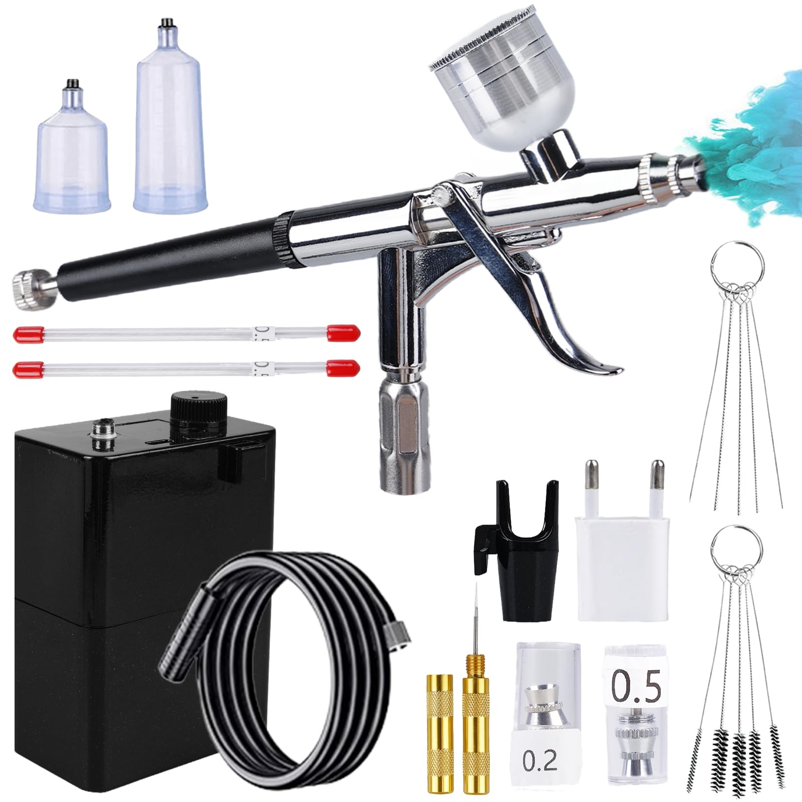 Set di aerografo con compressore, 40 PSI, kit di aerografo portatile a doppia azione + accessori per la pulizia del trucco, design delle unghie, decorazione di torte, modellismo e modellazione di