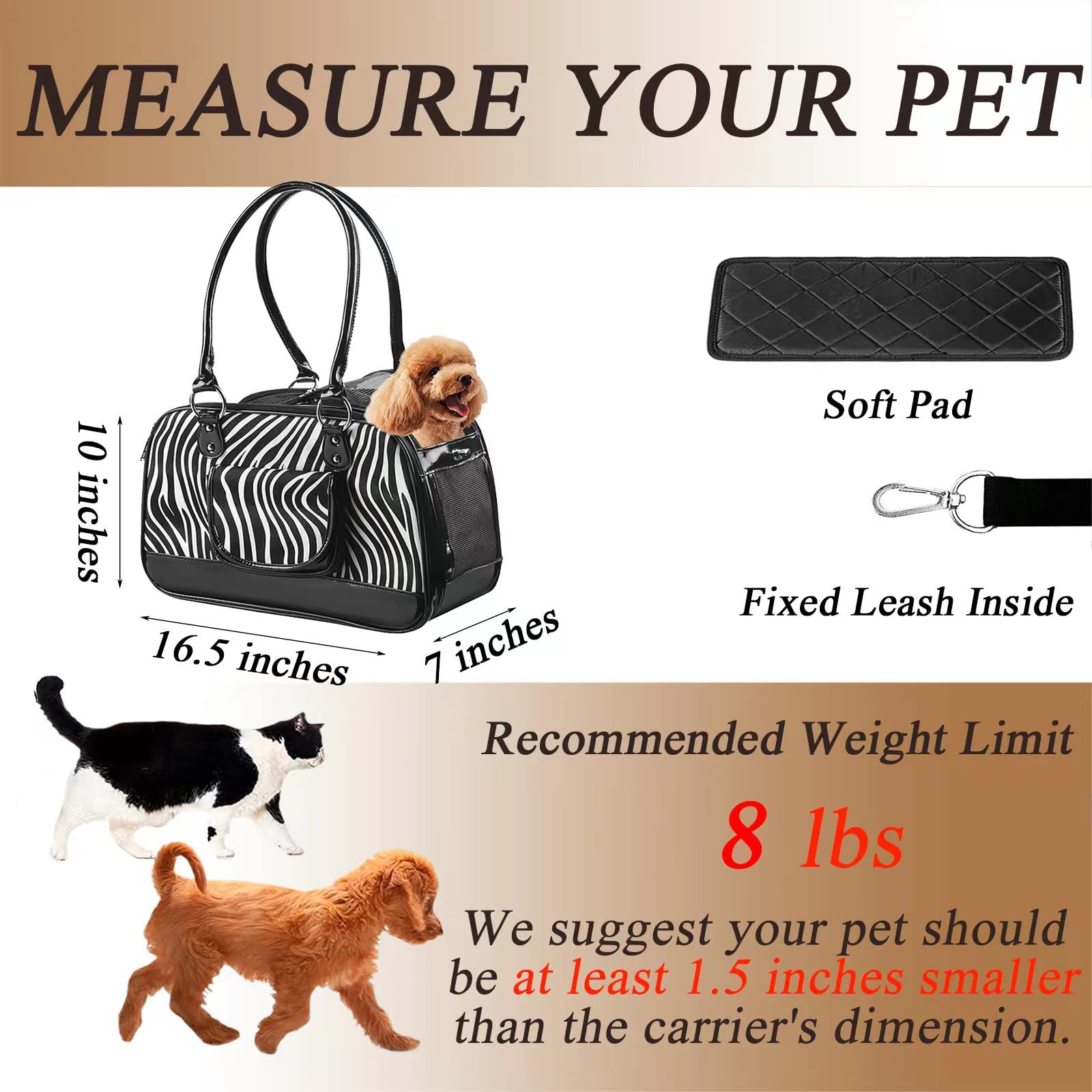 NewEle Fashion Dog Purse Carrier for Small Dogs with Extra Pockets, Holds Up to 8lbs Quality PU Leather Pet Carrier, Cat Carrier, Airline Approved Puppy Purse Carrier for Travel (Black, Small Size)