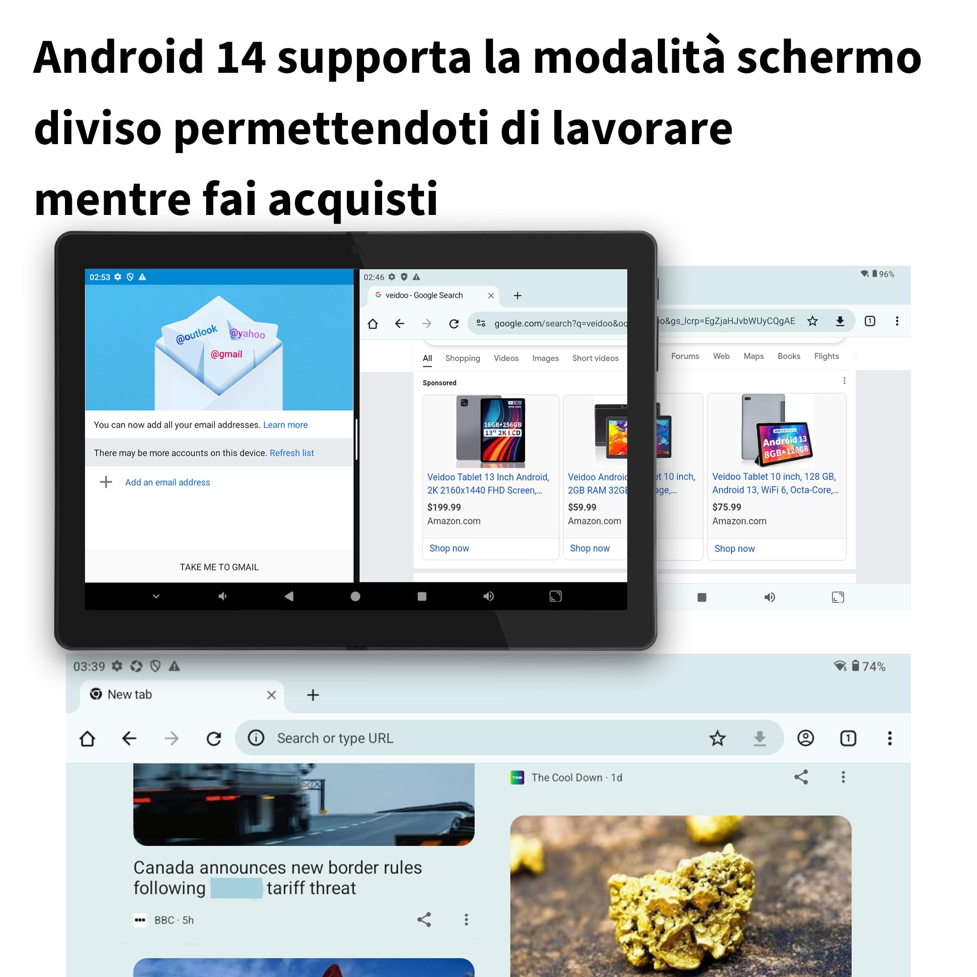Veidoo Tablet Android portatile 2 in 1 con tastiera, mouse e stilo, tablet 10,1 pollici IPS HD schermo con 7 GB di RAM (3 GB + 4 GB) 64 GB ROM espandibile a 512 GB, processore Octa-Core, WiFi 6