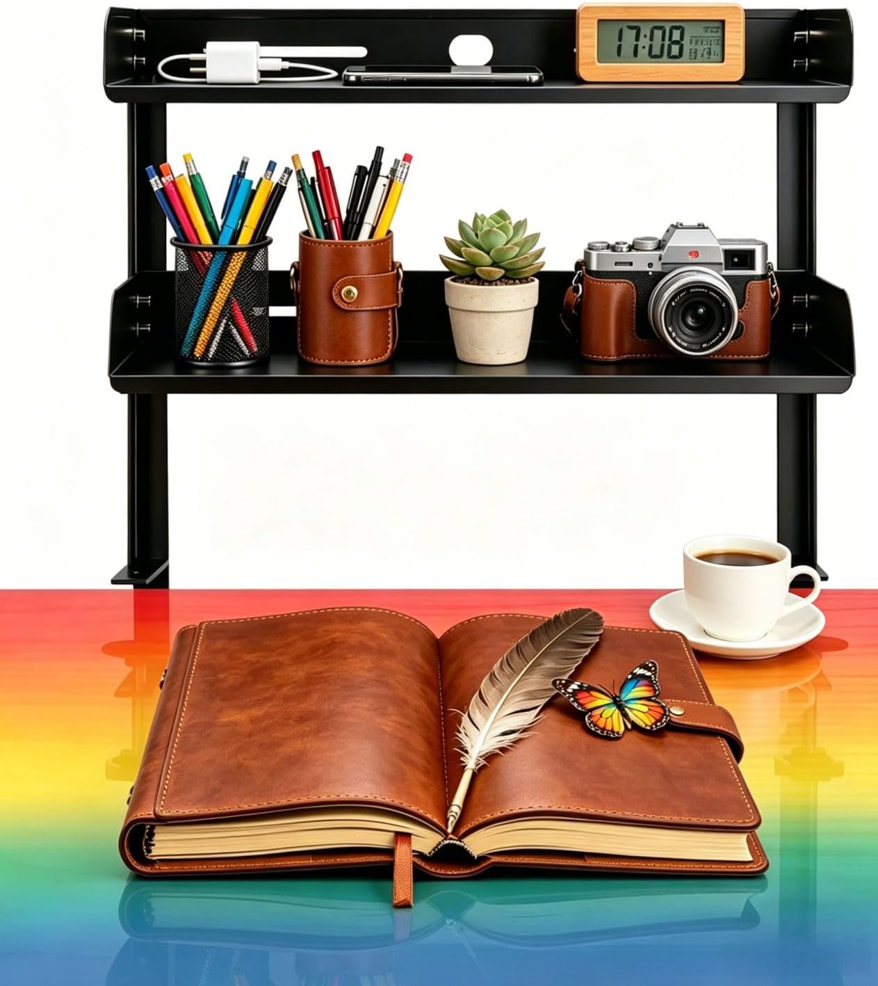 Yuxh Clamp Desk Shelf 15 inch Cilp Under Table Organizer, Black, S